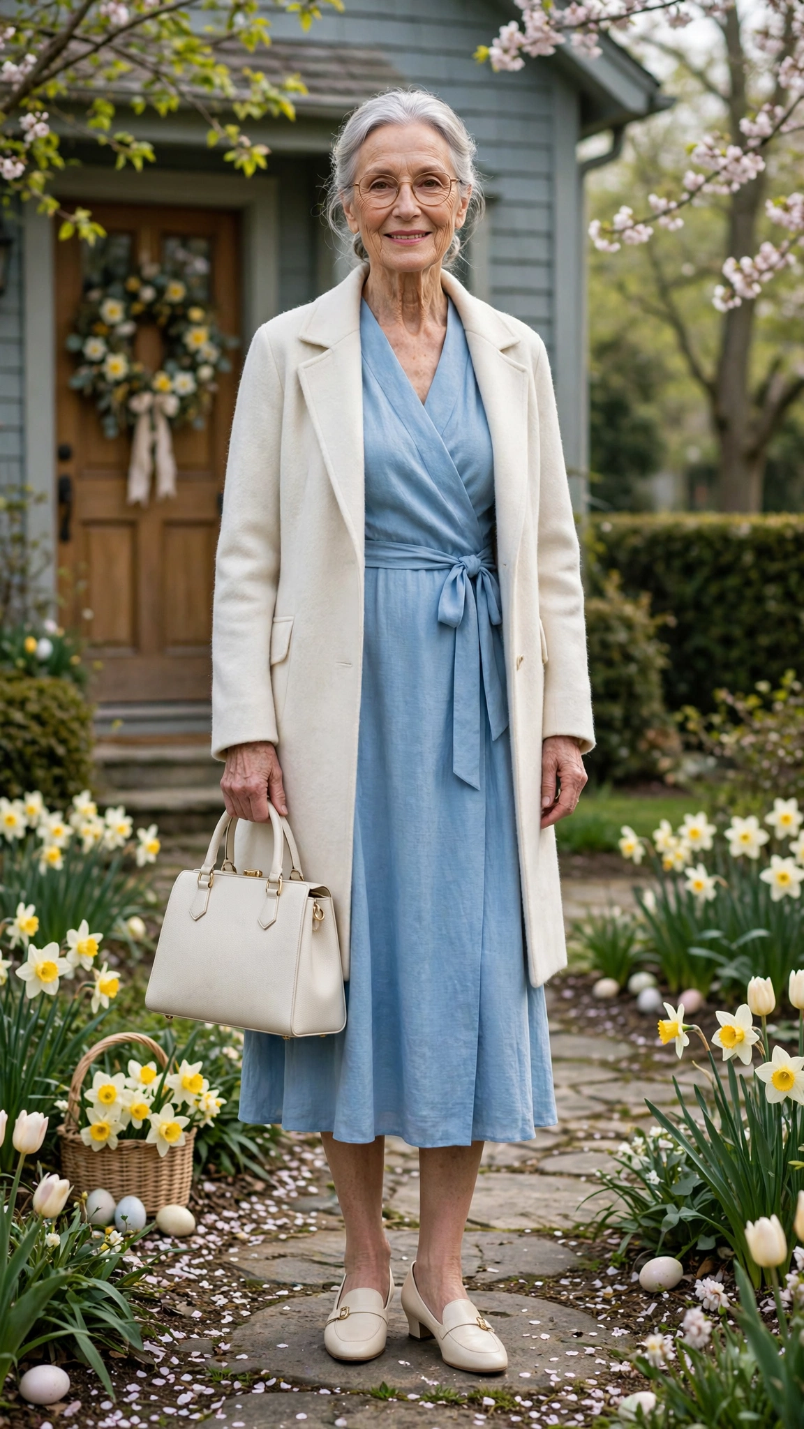 Sky blue wrap dress with a cream coat and a structured handbag