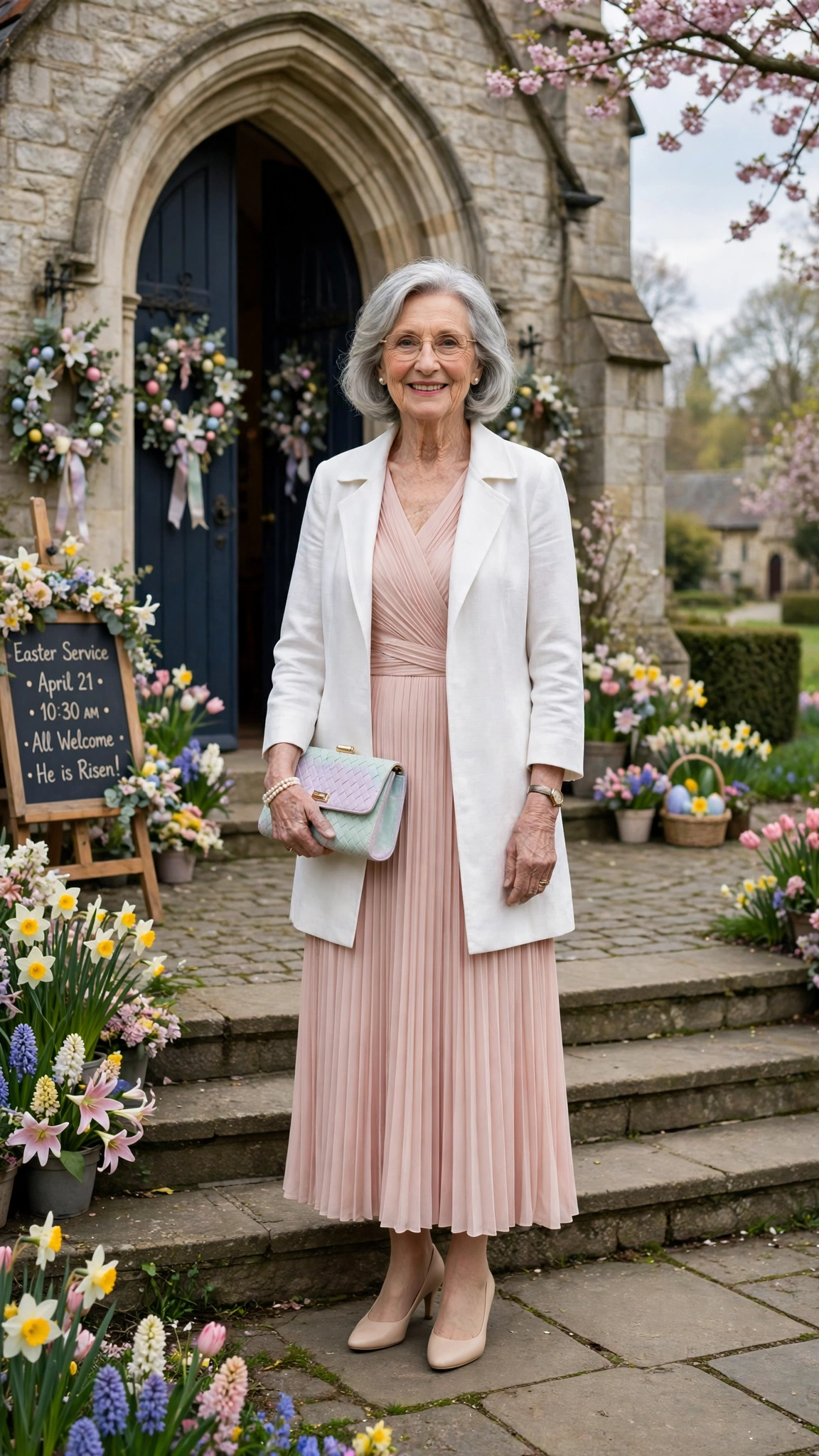 Blush pleated dress with a white coat and a pastel clutch