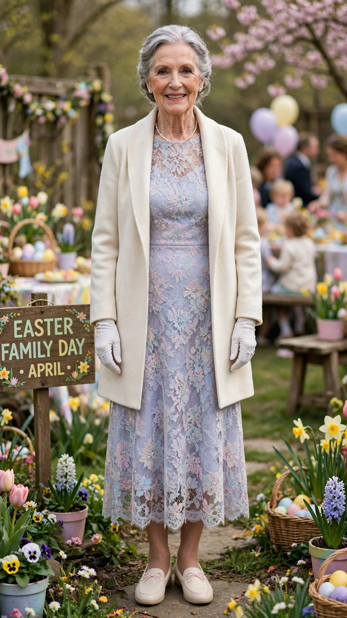 Pastel lace dress with a cream coat and white gloves