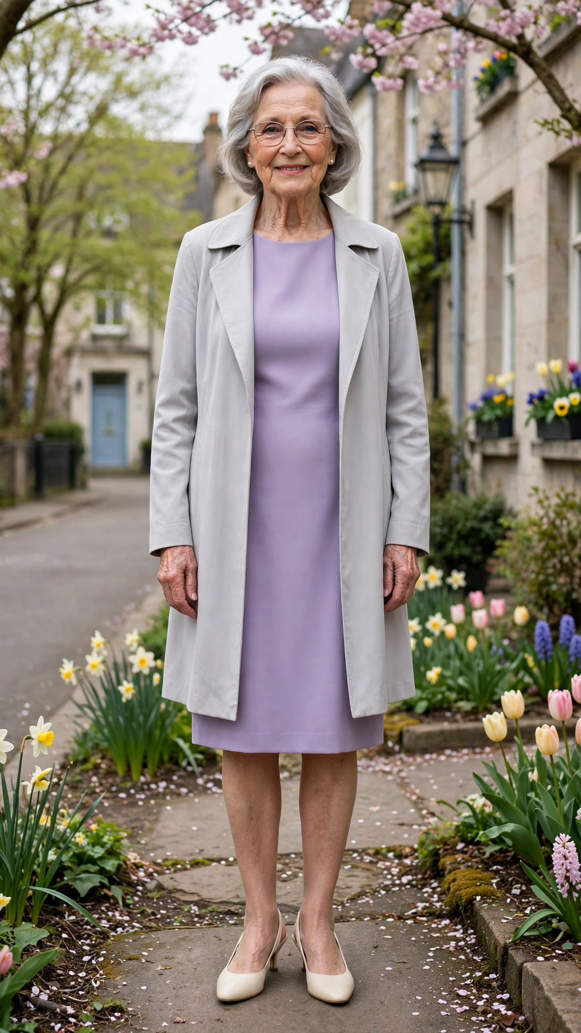 Lavender shift dress with a pale grey coat and cream slingbacks