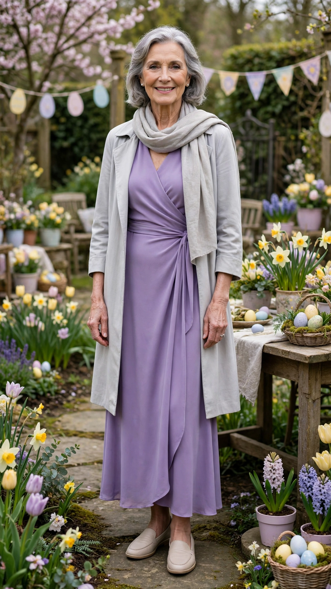 Lavender wrap dress with a pale grey coat and a light scarf
