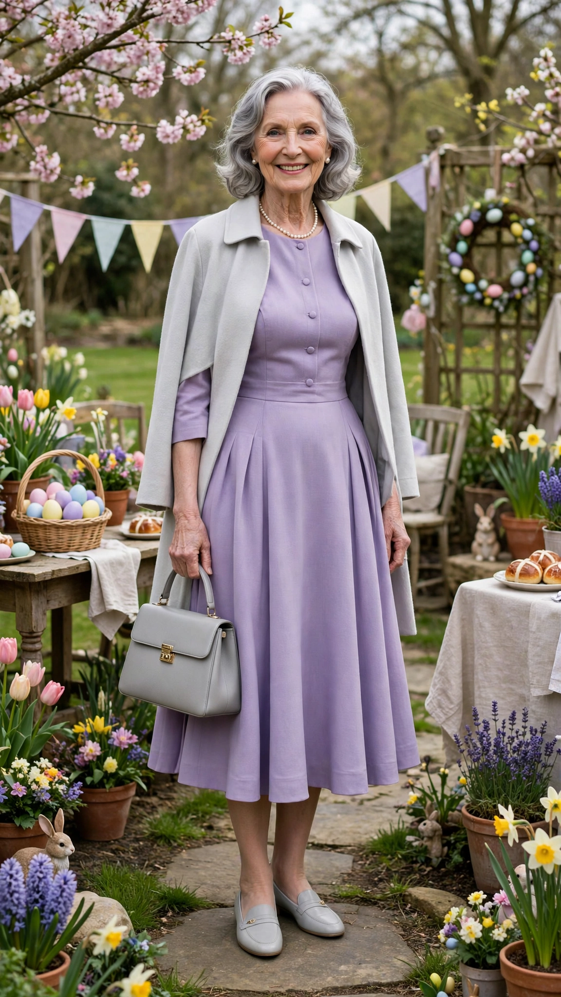 Lavender fit-and-flare dress with a pale grey coat and a structured handbag