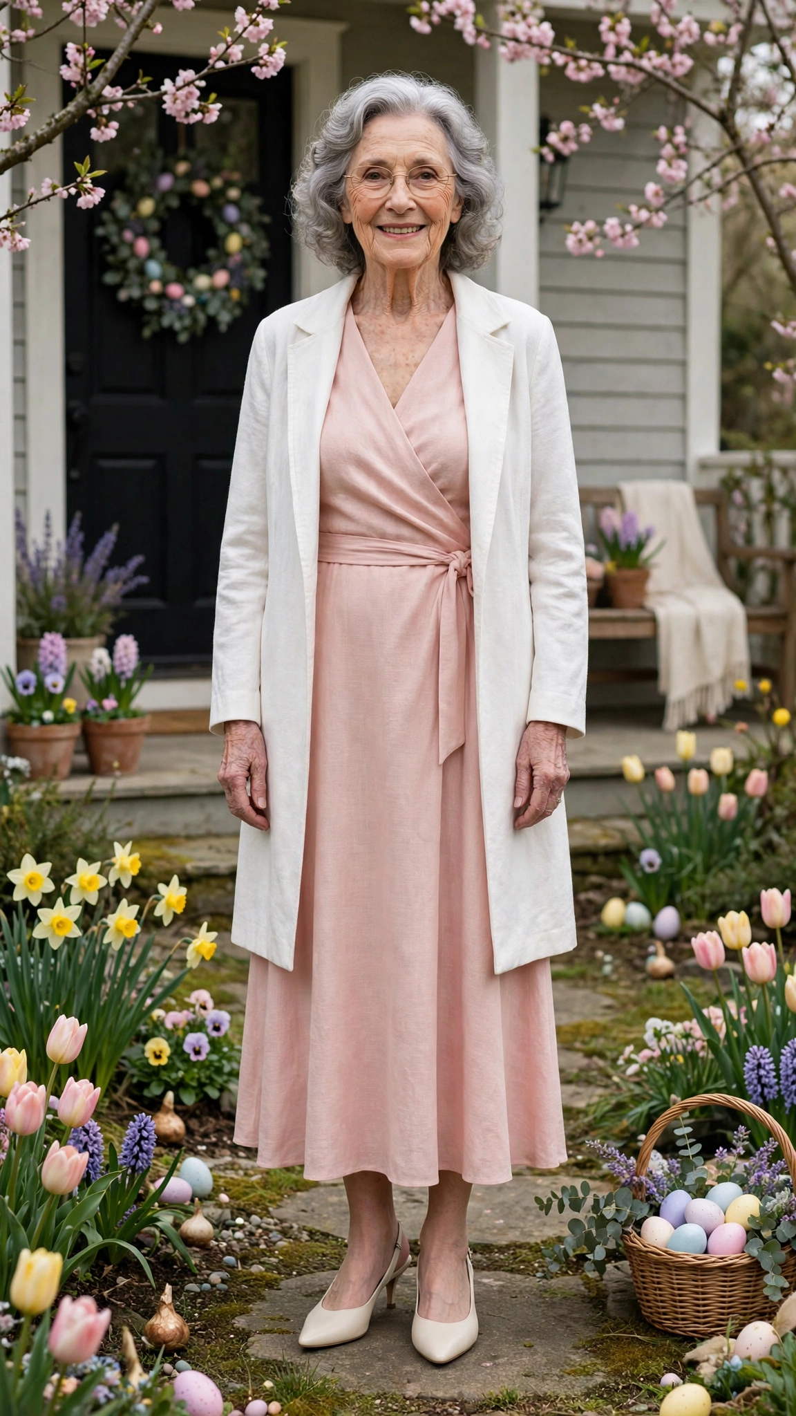 Blush wrap dress with a white coat and cream slingbacks
