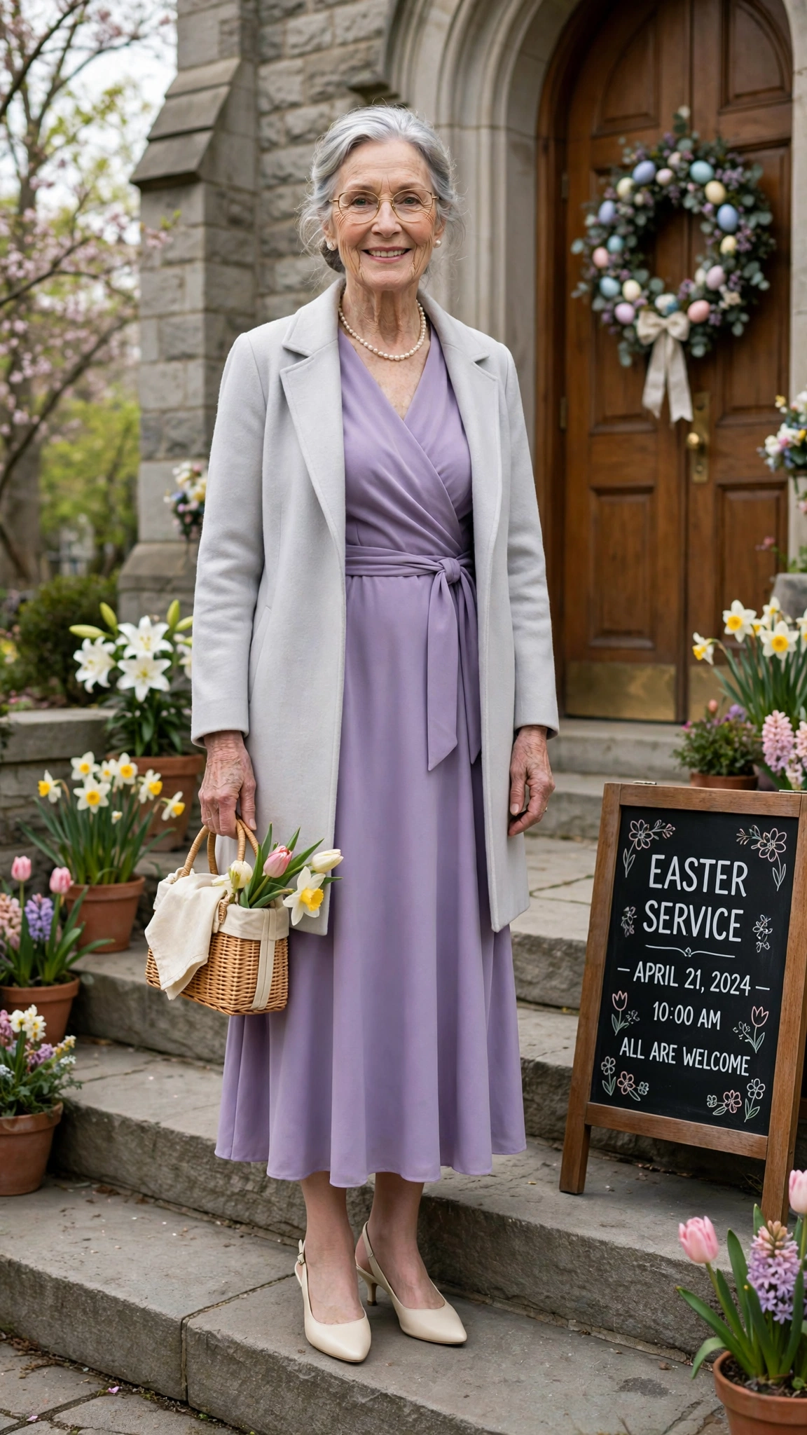 Lavender wrap dress with a pale grey coat and cream slingbacks