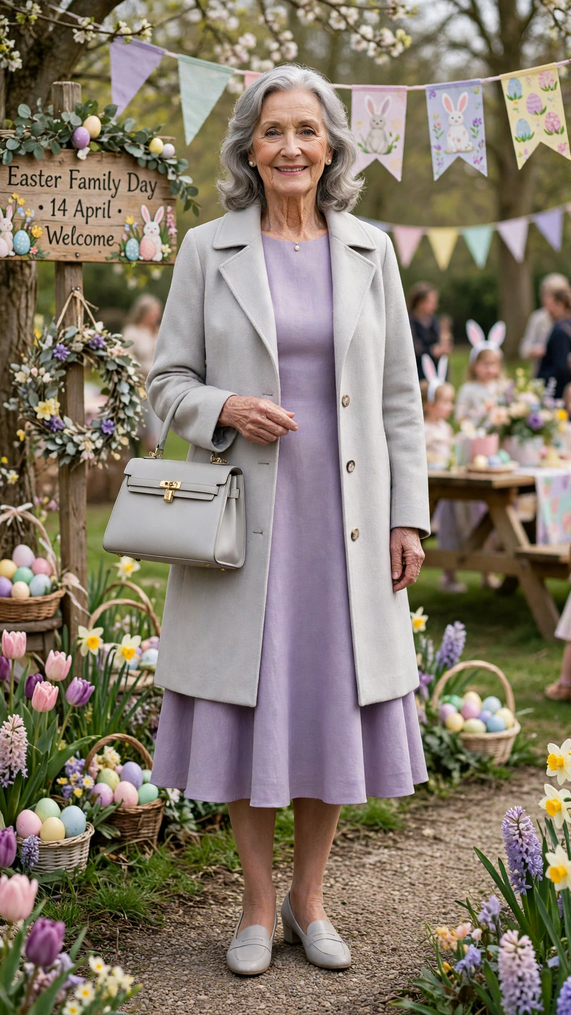 Lavender A-line dress with a pale grey coat and a structured handbag