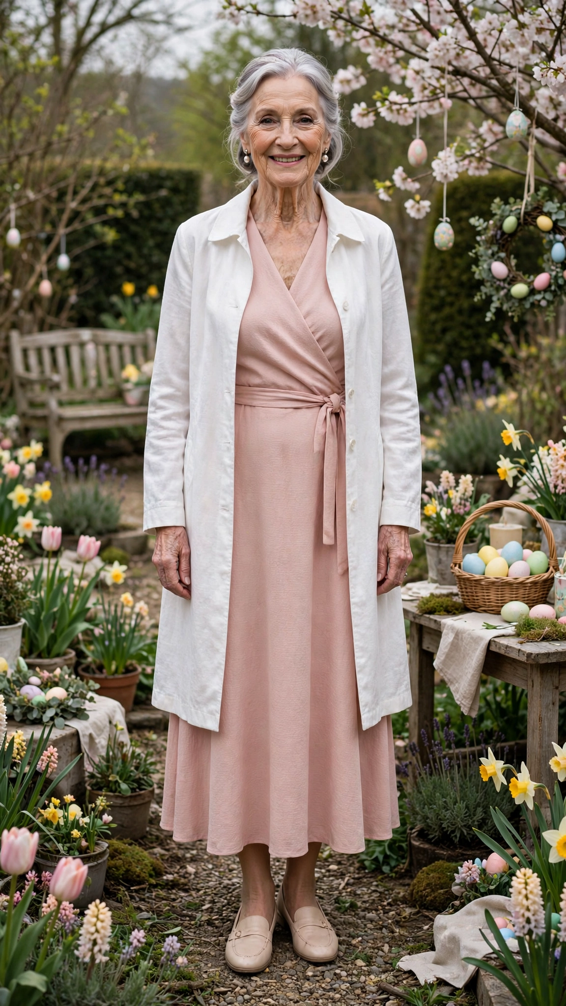 Blush wrap dress with a white coat and pearl earrings