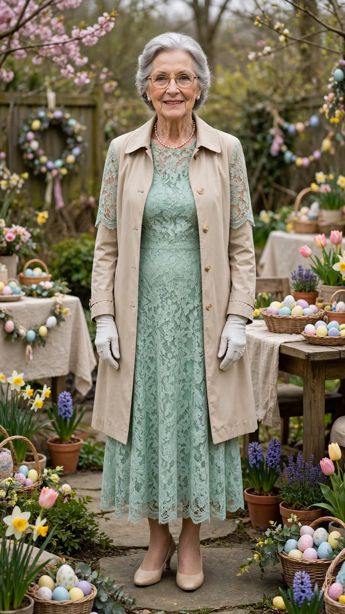 Mint lace dress with a beige coat and white gloves