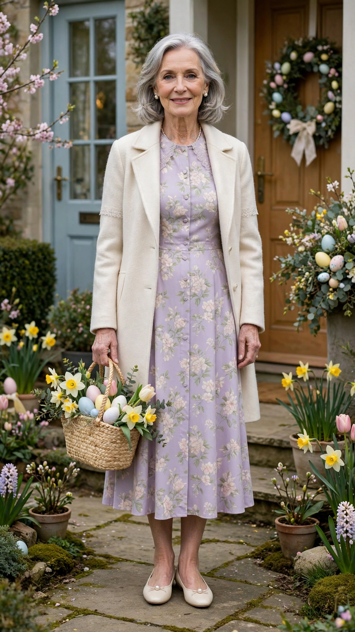 Pastel midi dress with a cream coat and pearl earrings