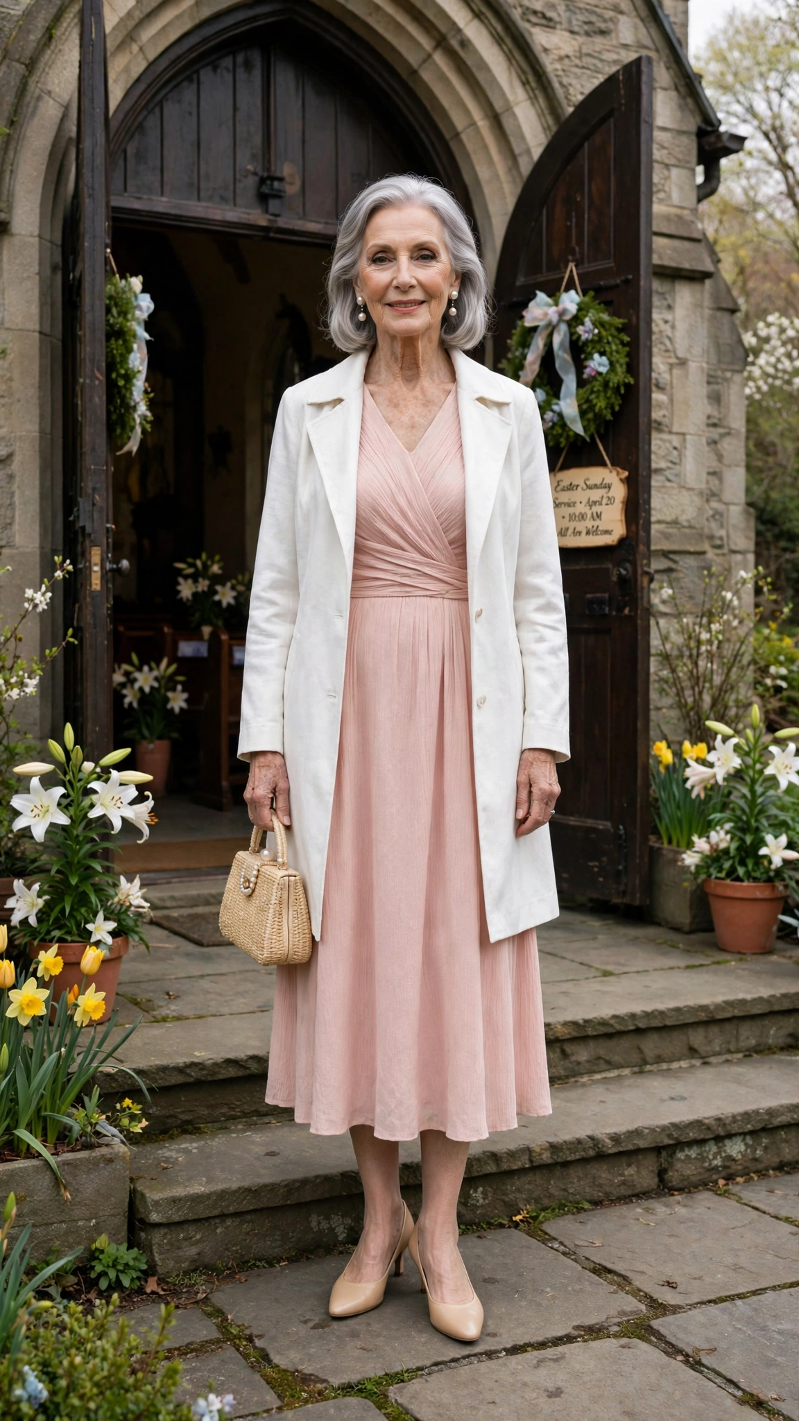 Blush midi dress with a white coat and pearl earrings
