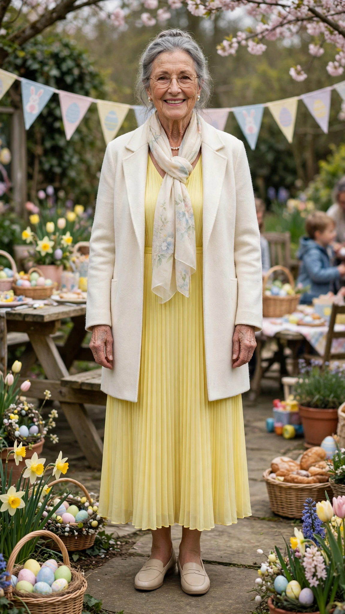 Lemon pleated dress with an ivory coat and a light scarf