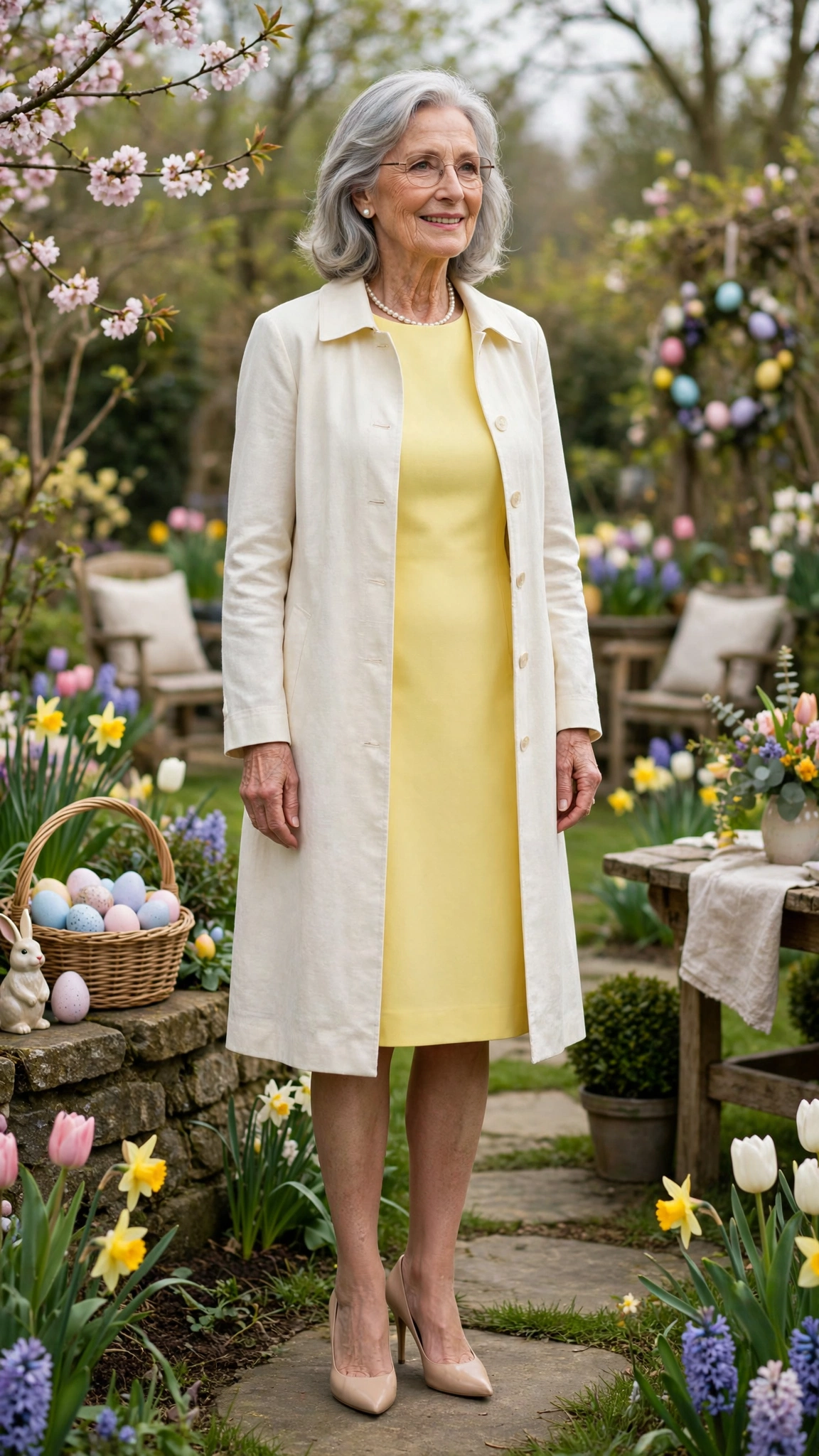 Lemon shift dress with an ivory coat and nude heels