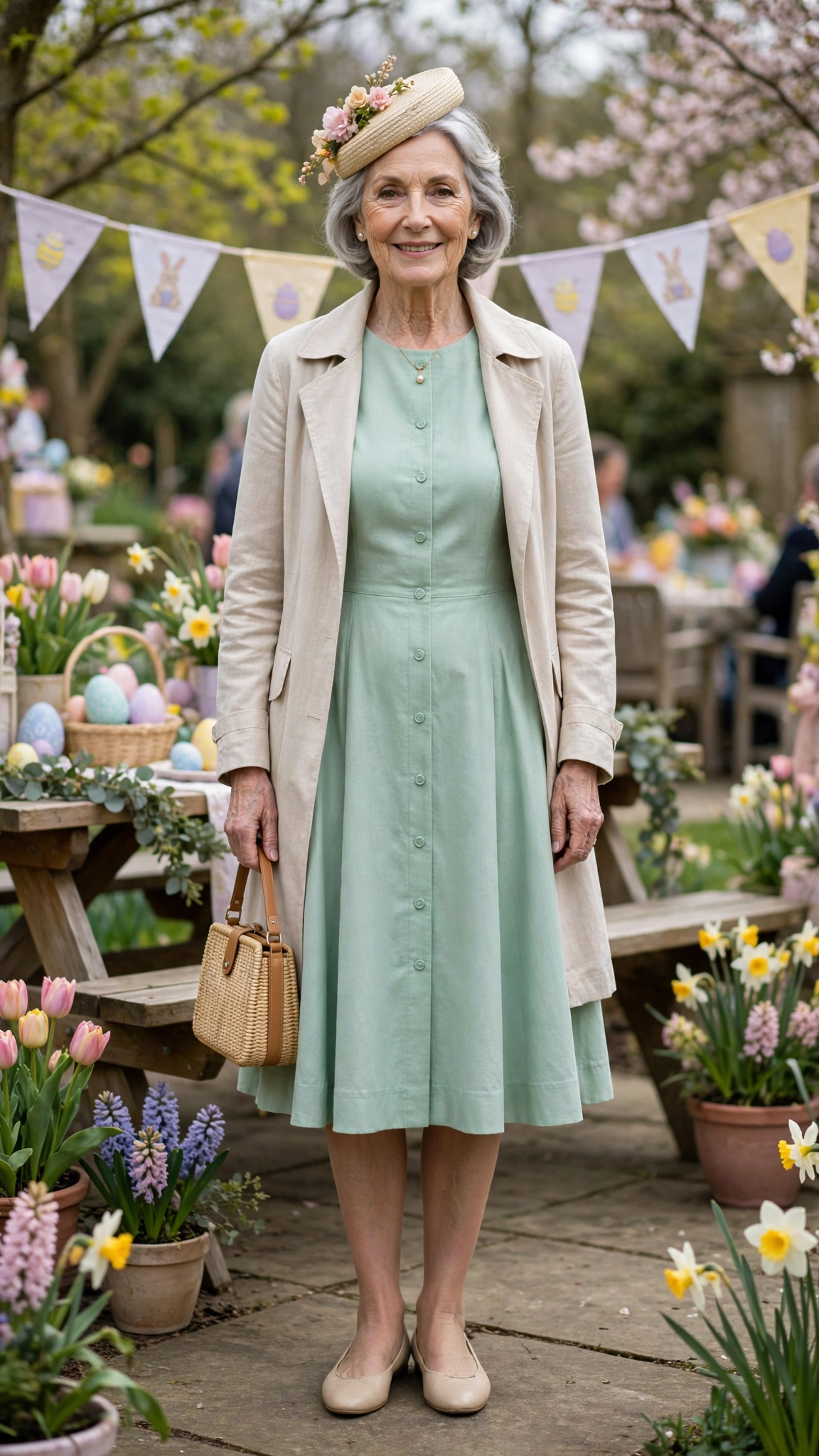 Mint fit-and-flare dress with a beige coat and a small hat