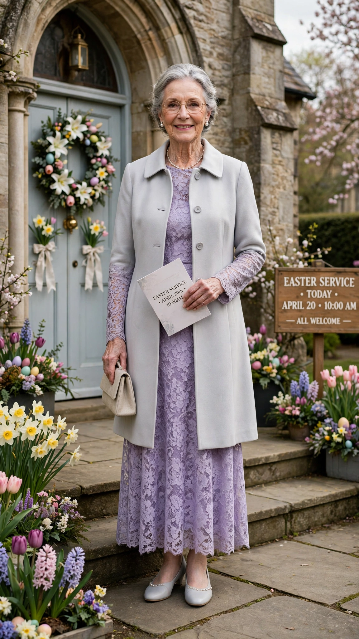 Lavender lace dress with a pale grey coat and pearl earrings