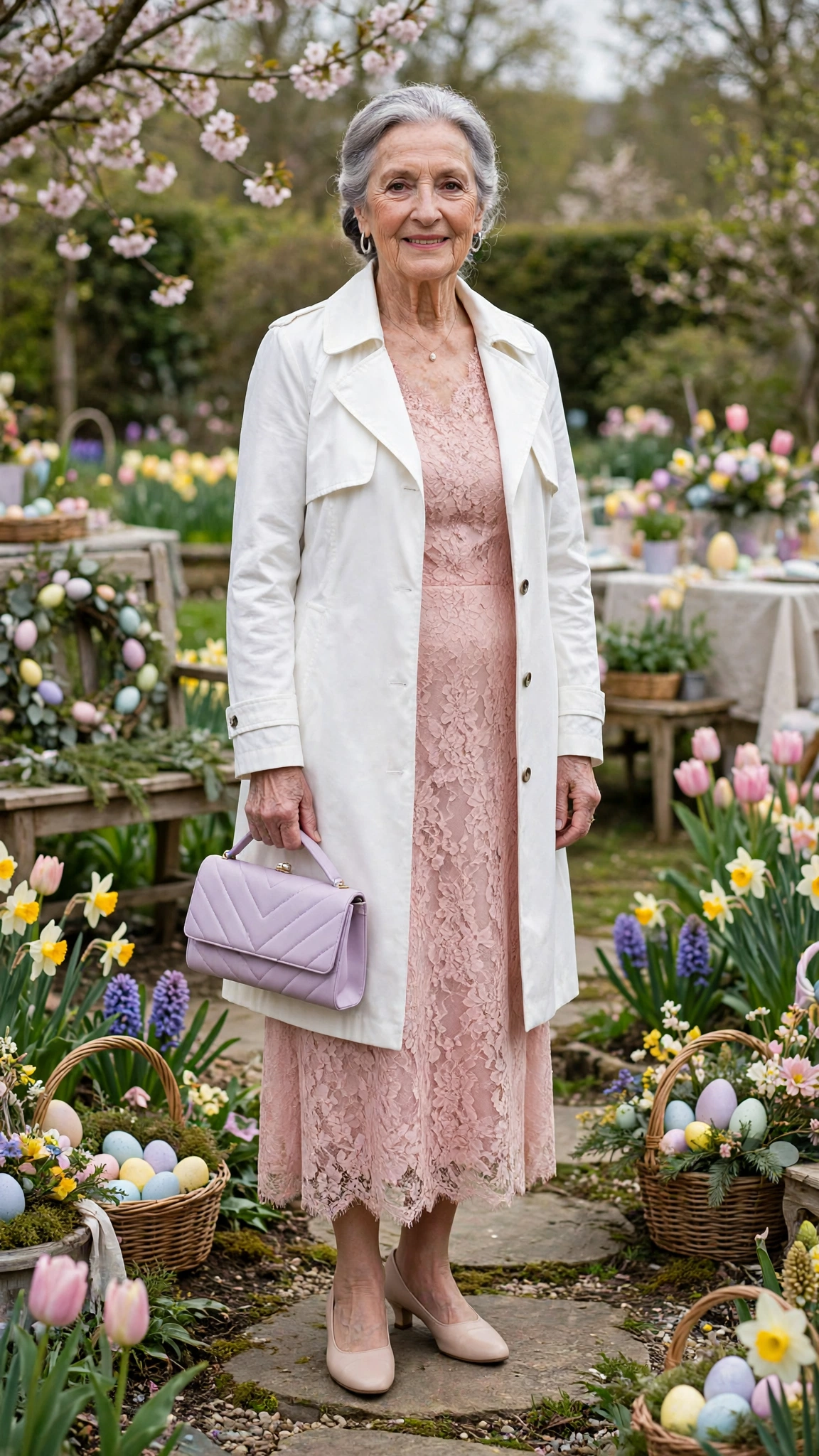Blush lace dress with a white coat and a pastel clutch