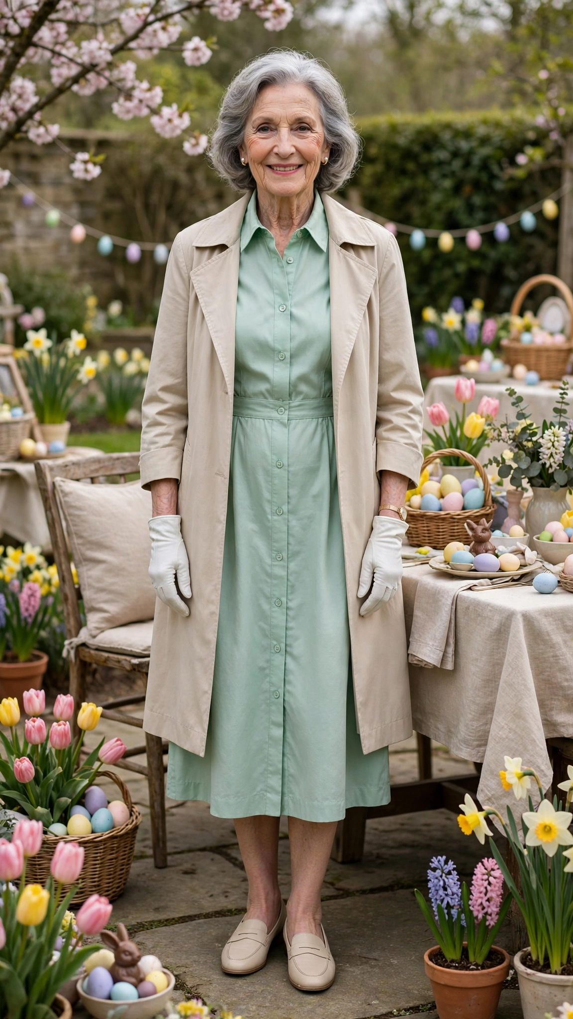 Mint shirt dress with a beige coat and white gloves