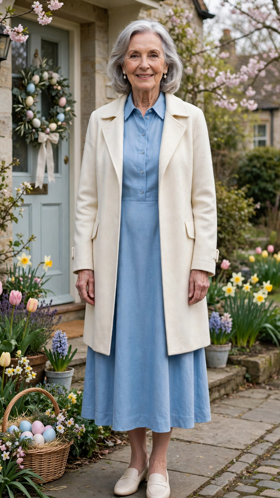 Sky blue midi dress with a cream coat and pearl earrings
