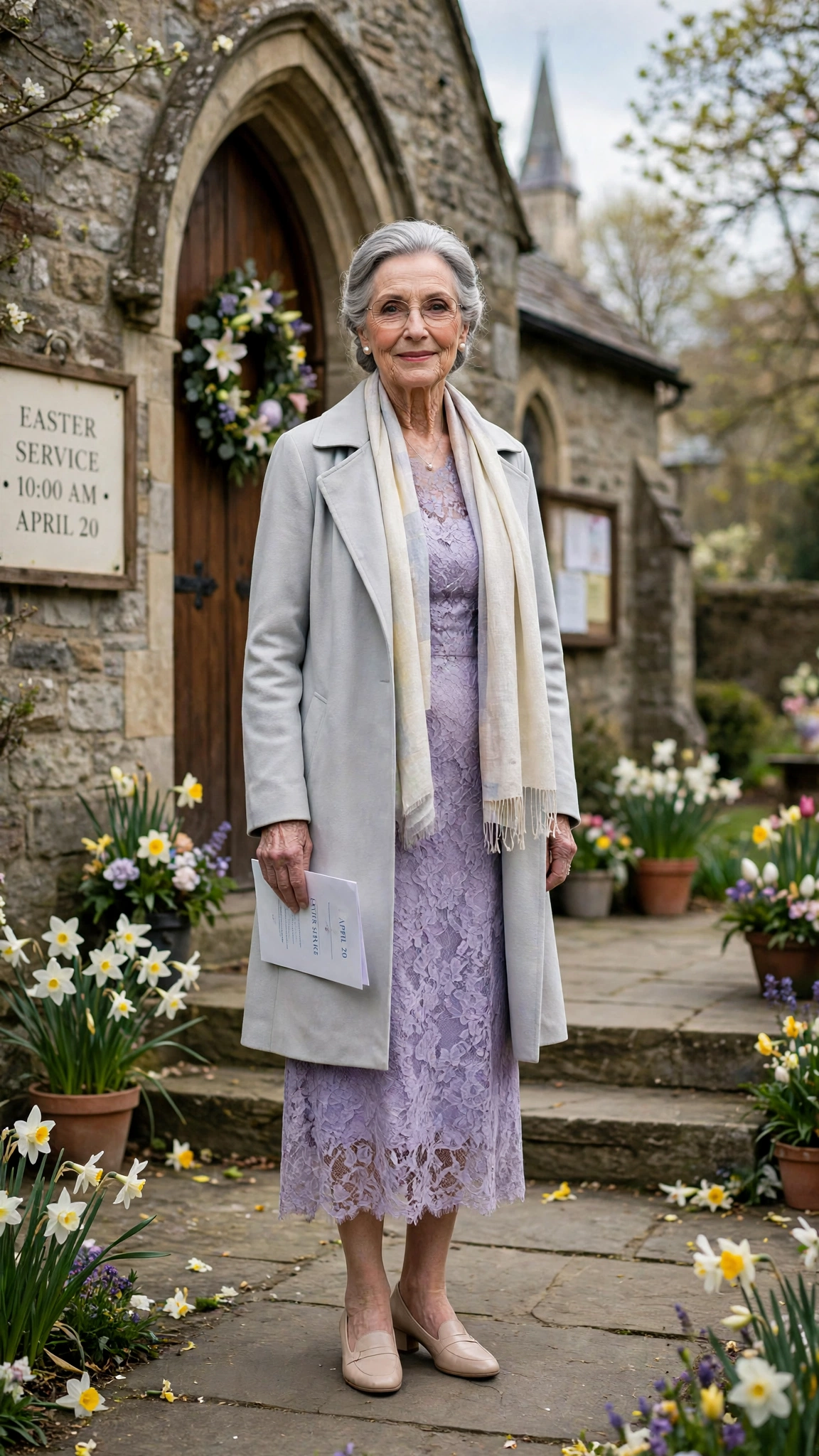 Lavender lace dress with a pale grey coat and a light scarf for an Easter church service