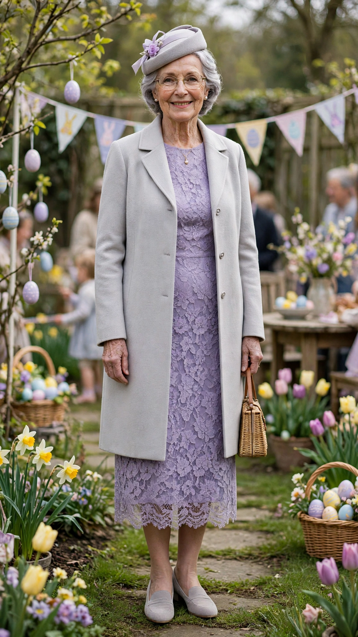Lavender lace dress with a pale grey coat and a small hat for an Easter family day
