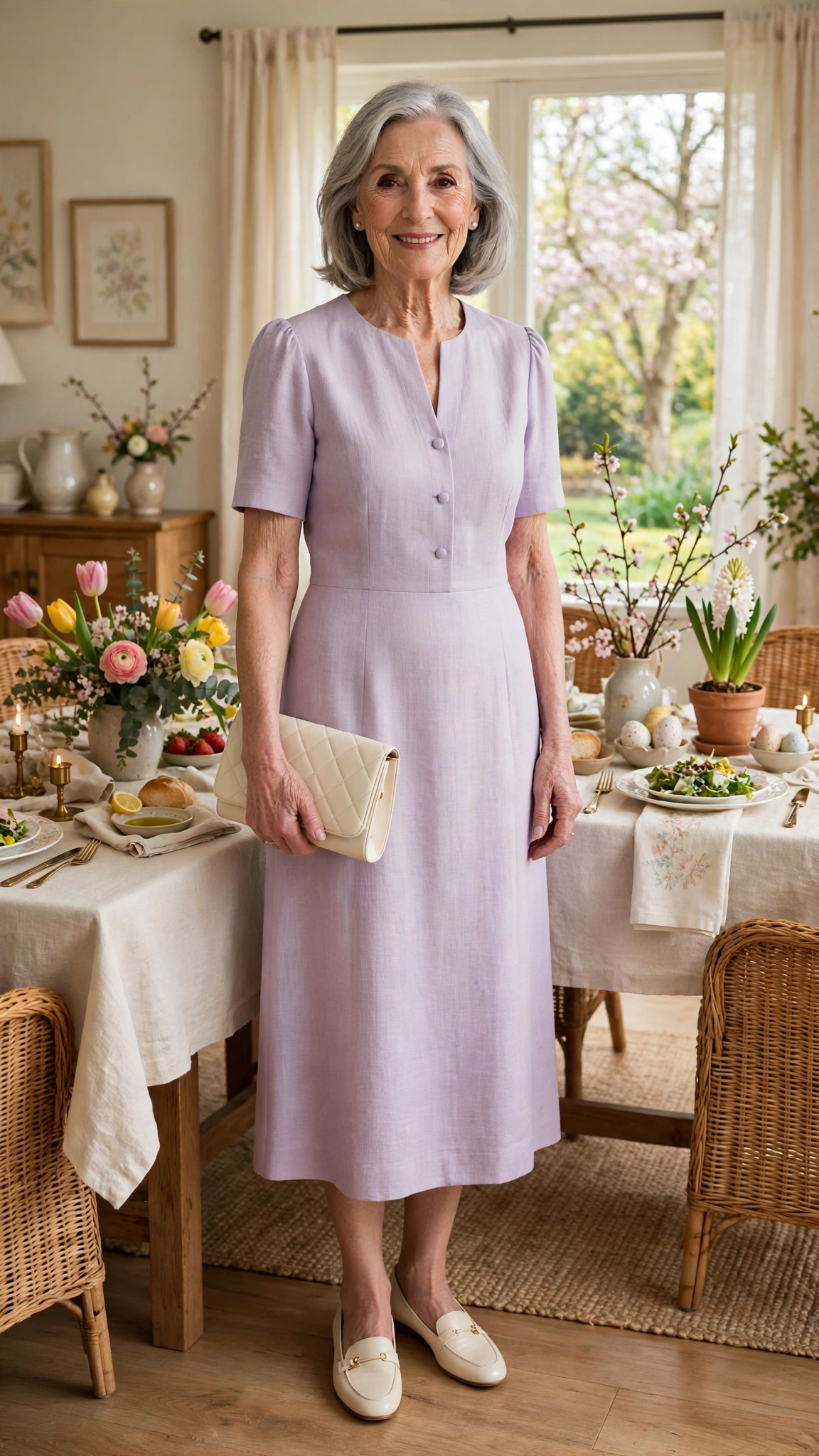 18 Women Over 70 Pastel Easter Dress Outfits for Family Lunch That Are Fresh, Chic and Easy to Wear 3 Pastel lavender midi dress with a cream clutch