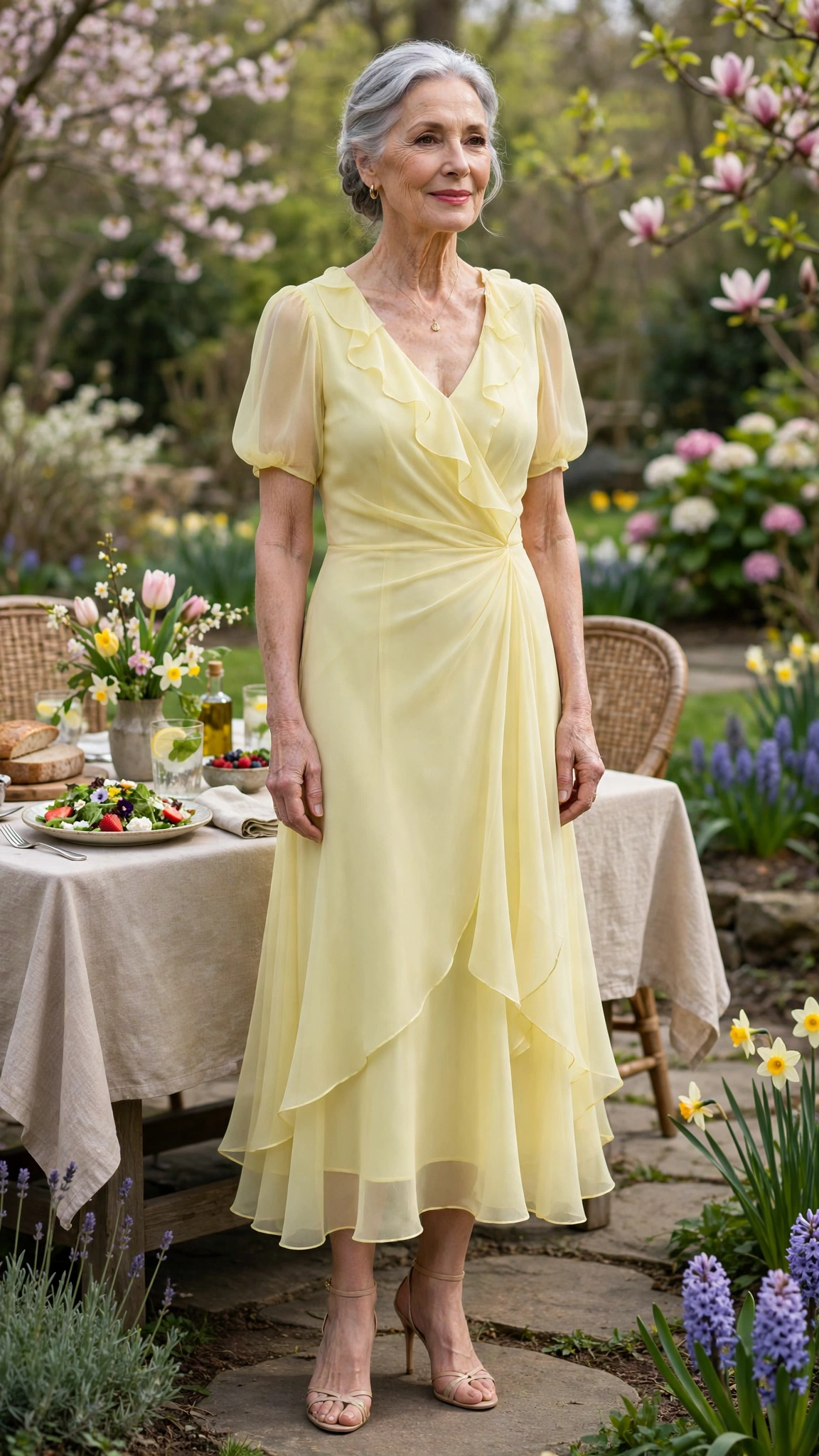 18 Women Over 70 Pastel Easter Dress Outfits for Family Lunch That Are Fresh, Chic and Easy to Wear 4 Pastel lemon chiffon dress with nude heels