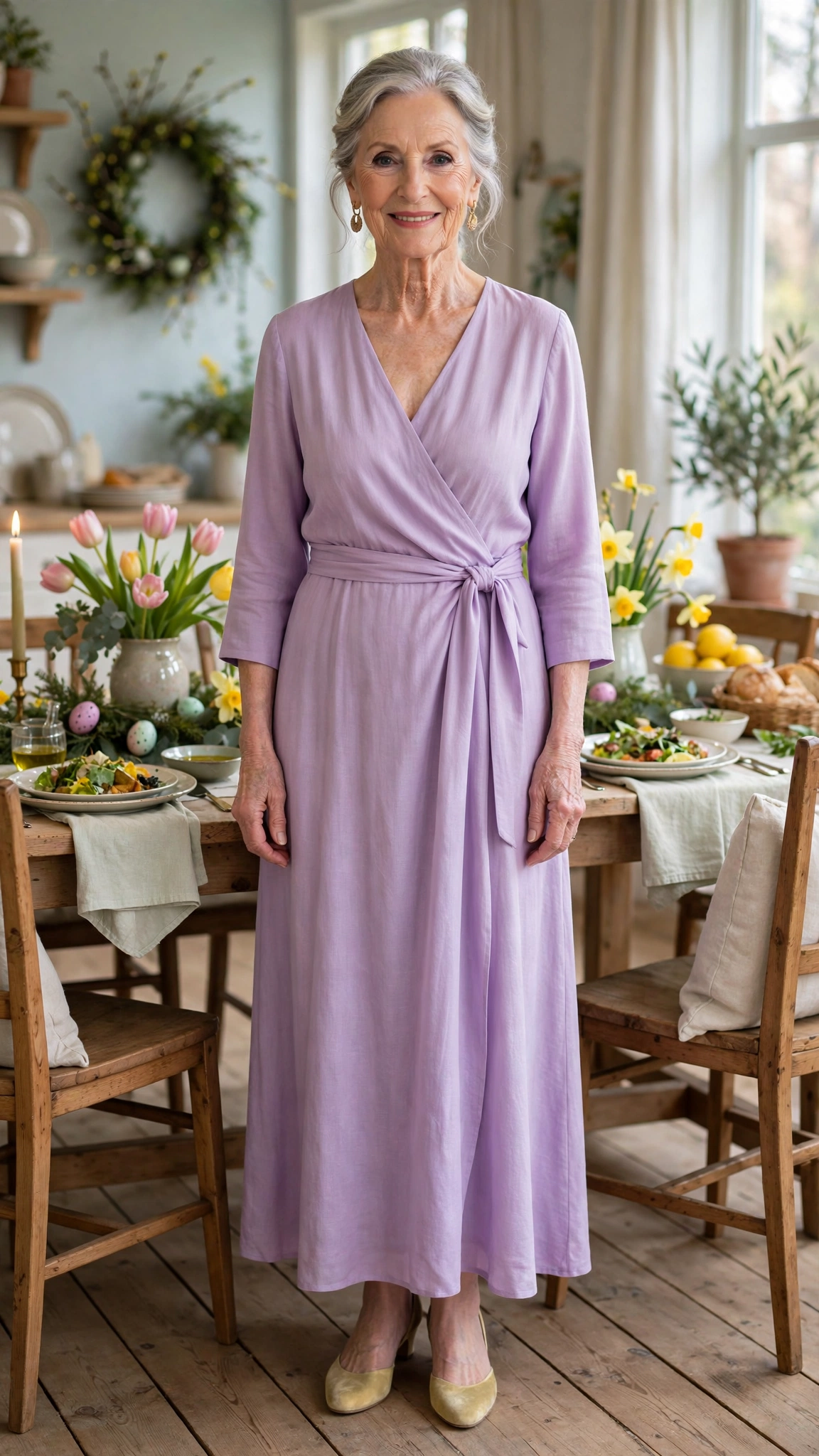 18 Women Over 70 Pastel Easter Dress Outfits for Family Lunch That Are Fresh, Chic and Easy to Wear 6 Soft lilac wrap dress with gold earrings