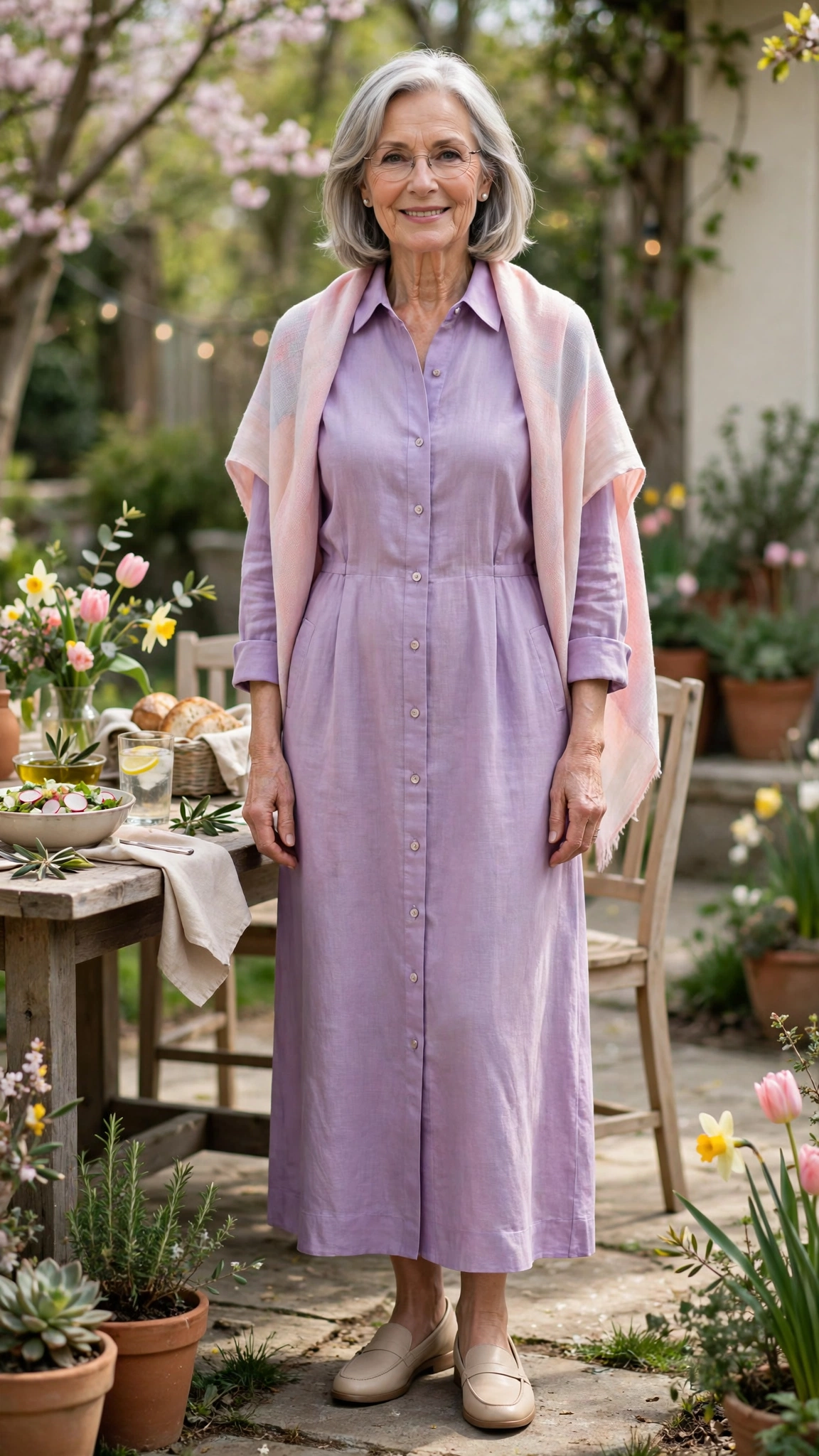 18 Women Over 70 Pastel Easter Dress Outfits for Family Lunch That Are Fresh, Chic and Easy to Wear 7 Soft lilac shirt dress with a pastel wrap