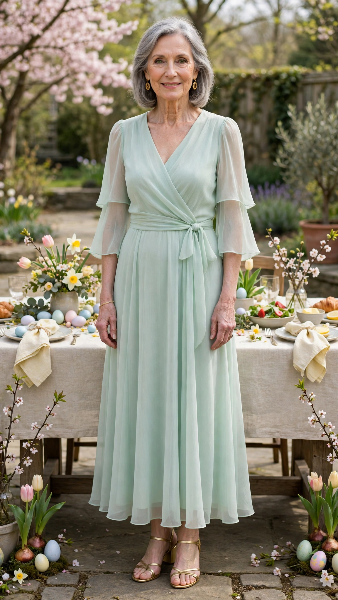 18 Women Over 70 Pastel Easter Dress Outfits for Family Lunch That Are Fresh, Chic and Easy to Wear 8 Pastel mint chiffon dress with gold earrings
