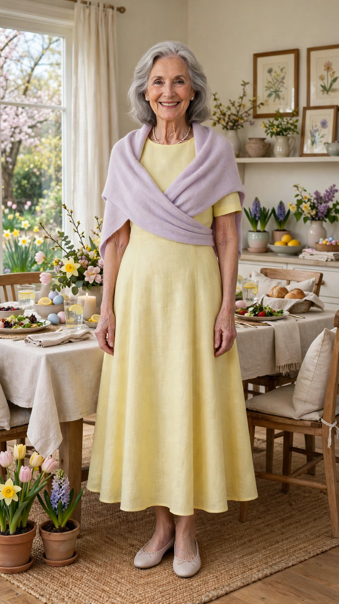 18 Women Over 70 Pastel Easter Dress Outfits for Family Lunch That Are Fresh, Chic and Easy to Wear 9 Pastel lemon A-line dress with a pastel wrap