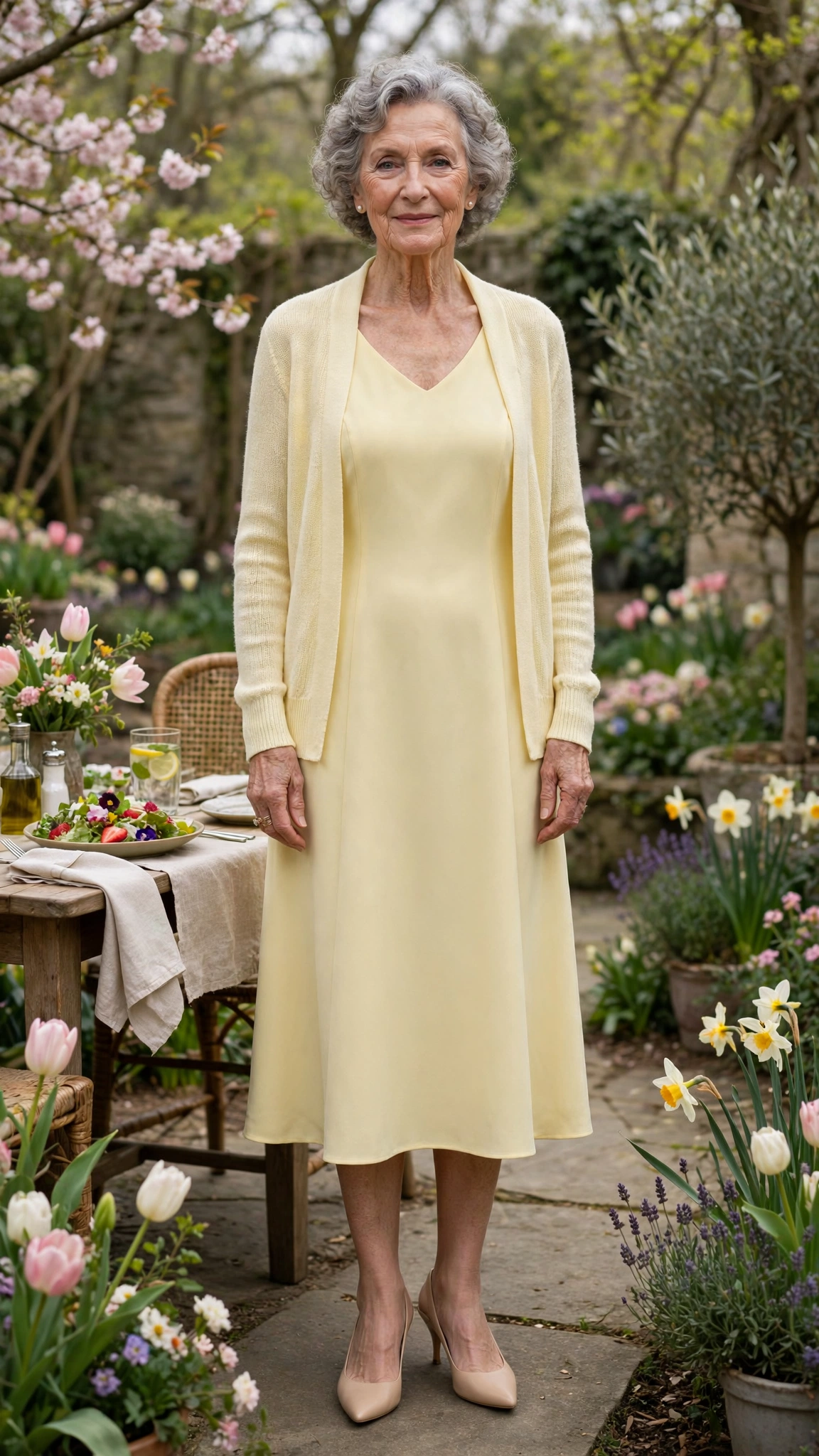 18 Women Over 70 Pastel Easter Dress Outfits for Family Lunch That Are Fresh, Chic and Easy to Wear 10 Pale butter yellow sleeveless dress with a cardigan and nude heels
