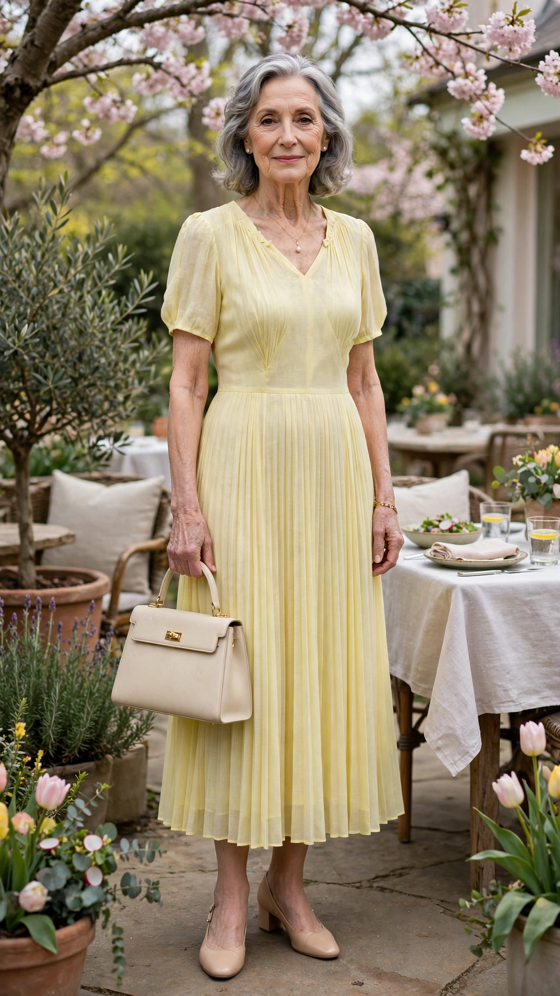 18 Women Over 70 Pastel Easter Dress Outfits for Family Lunch That Are Fresh, Chic and Easy to Wear 11 Pastel lemon pleated dress with a structured handbag