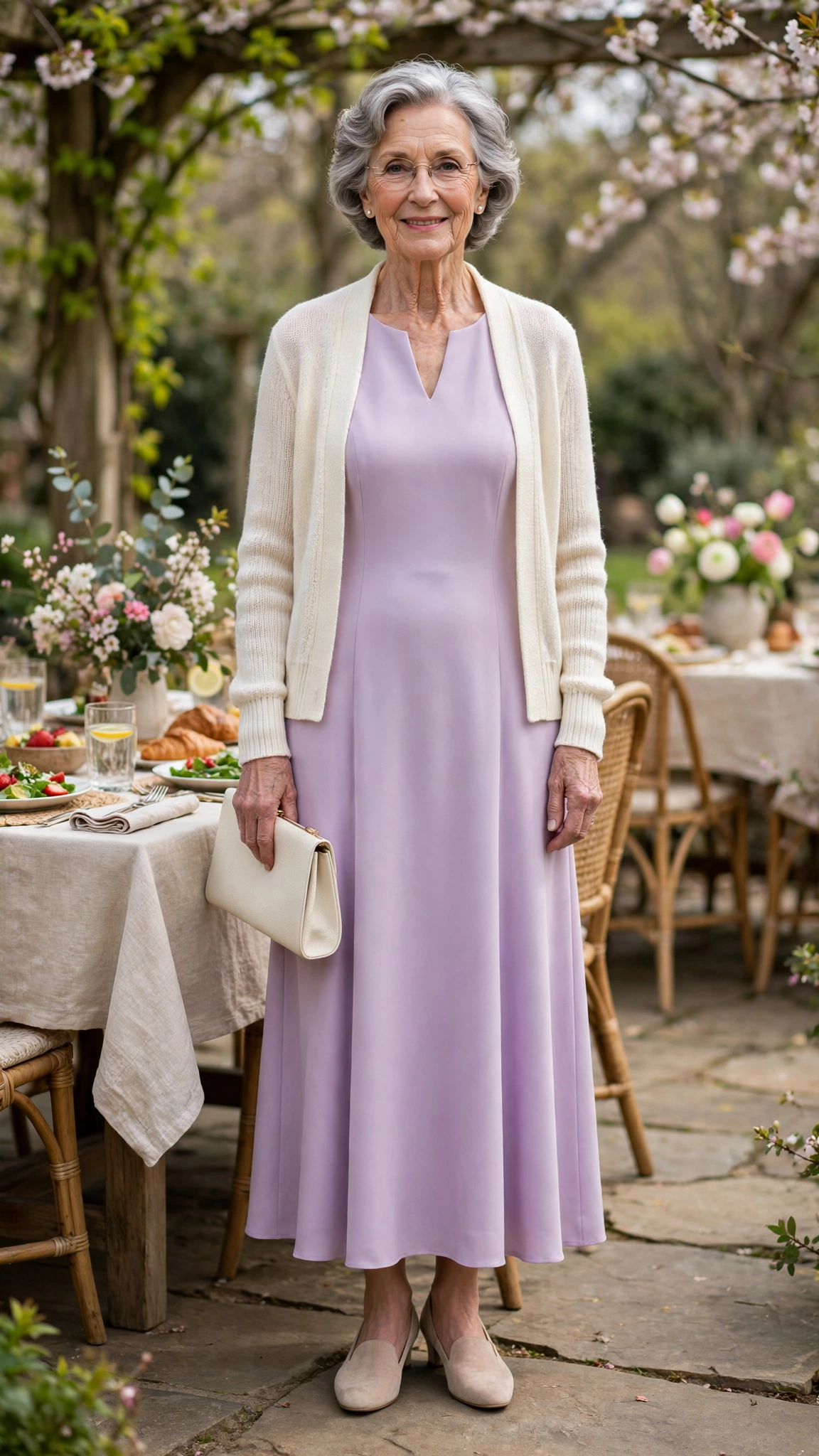 18 Women Over 70 Pastel Easter Dress Outfits for Family Lunch That Are Fresh, Chic and Easy to Wear 13 Pastel lavender sleeveless dress with a cardigan and a cream clutch