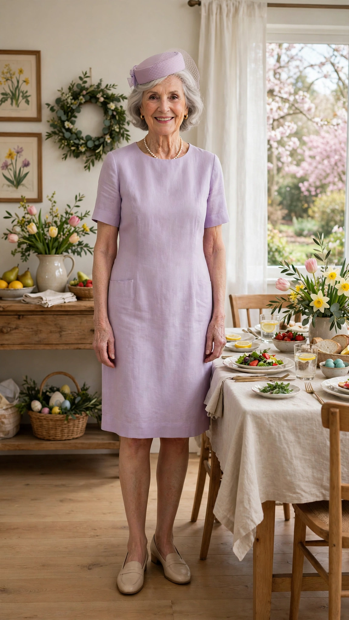 18 Women Over 70 Pastel Easter Dress Outfits for Family Lunch That Are Fresh, Chic and Easy to Wear 15 Pastel lavender shift dress with a small hat