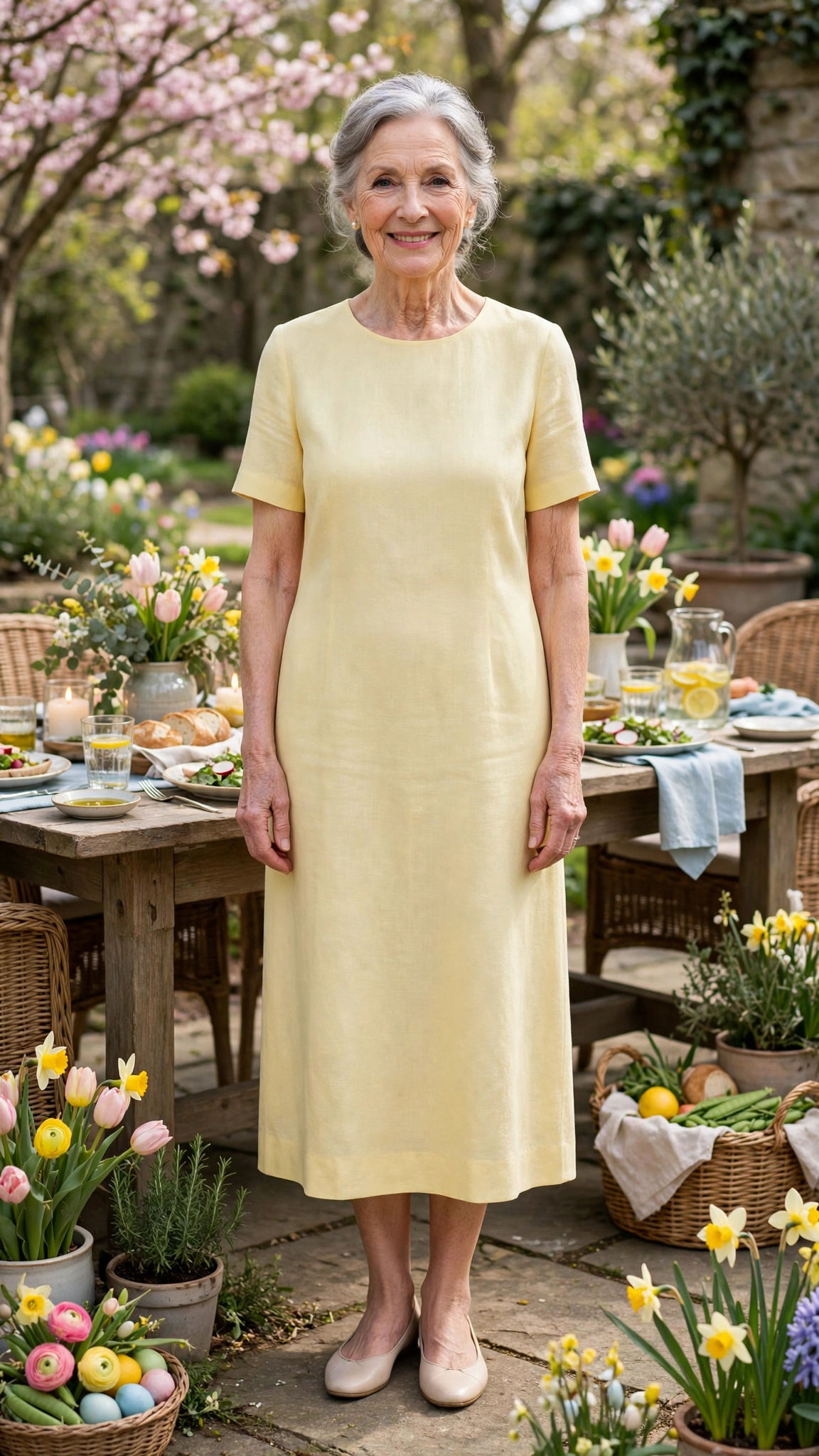 18 Women Over 70 Pastel Easter Dress Outfits for Family Lunch That Are Fresh, Chic and Easy to Wear 18 Pale butter yellow shift dress with pearl earrings