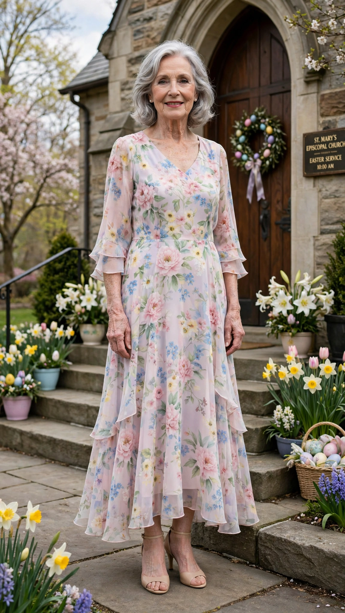 Pastel floral chiffon dress with nude heels