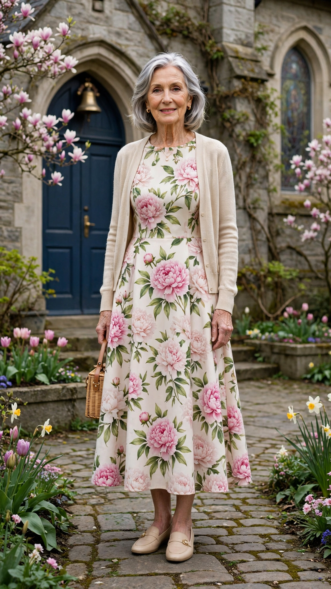 Peony A-line dress with a light cardigan