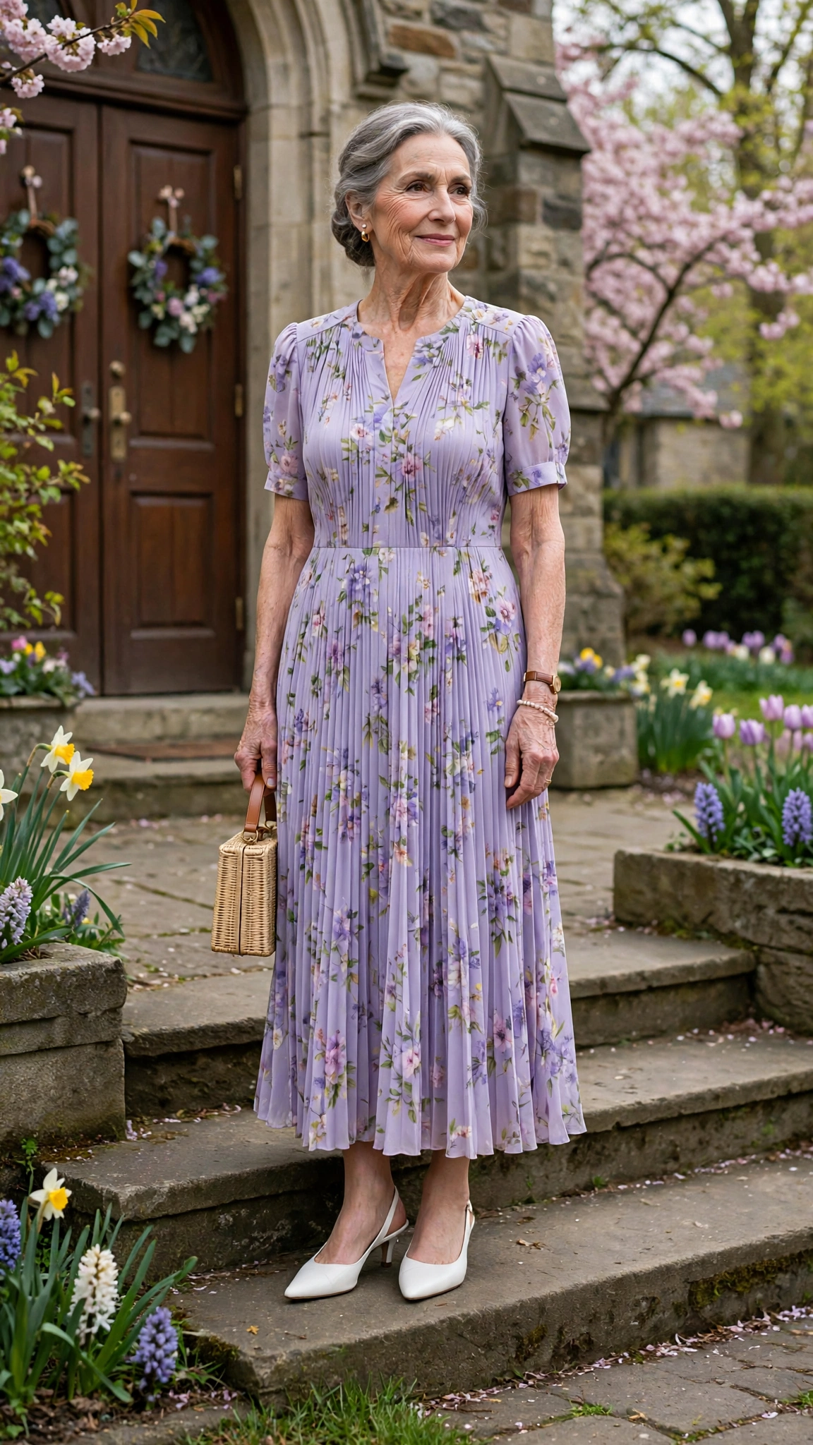 Lavender floral pleated dress with white slingbacks