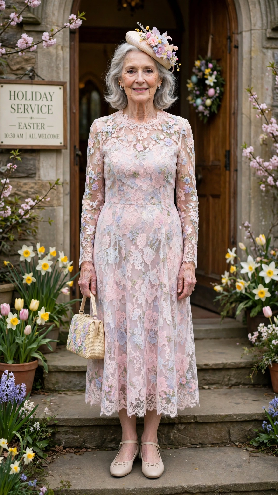 Pastel floral lace dress with a small hat