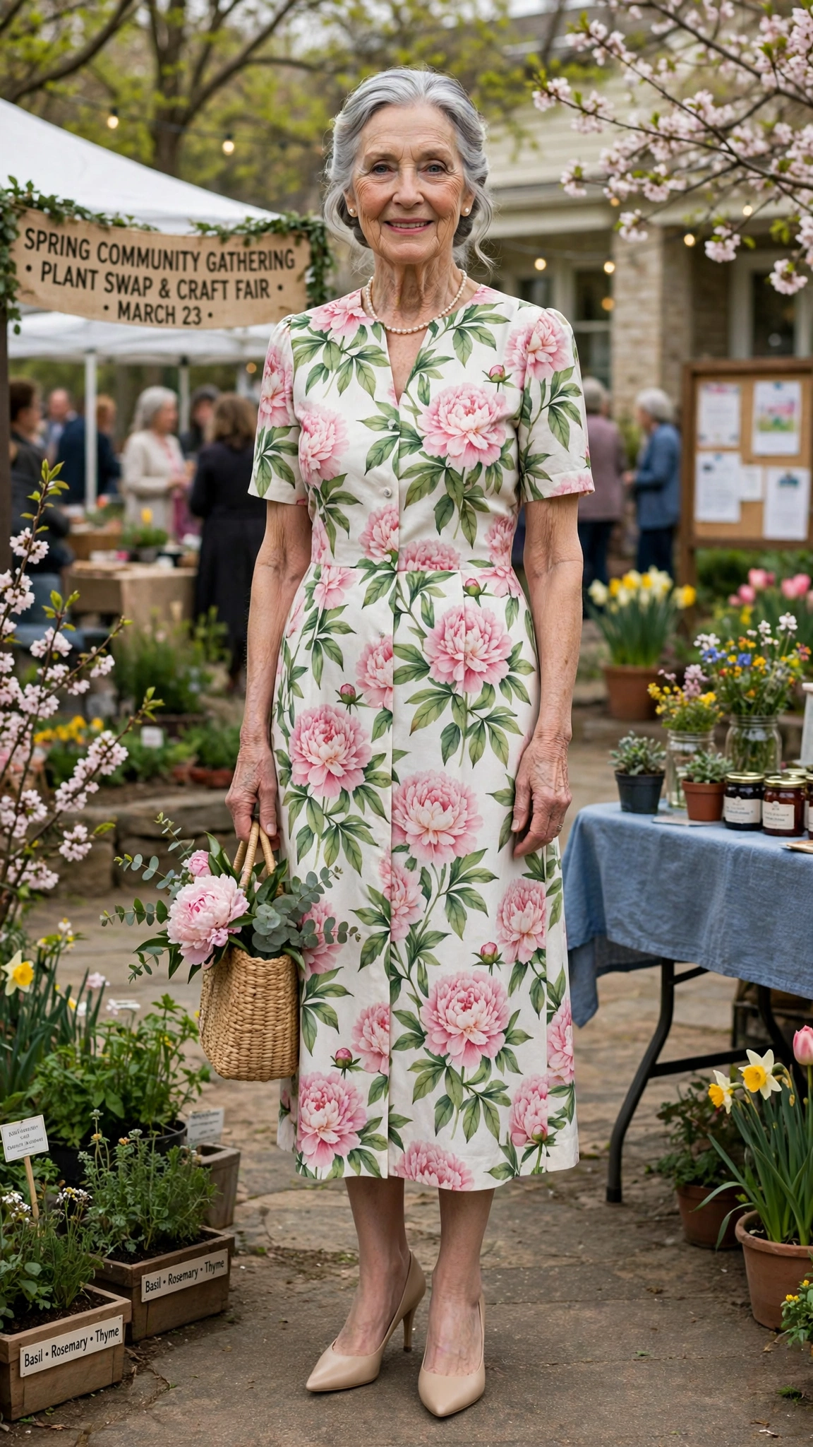 Peony midi dress with nude heels