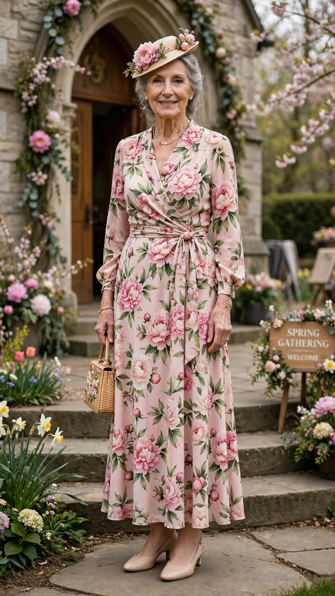 Peony wrap dress with a small hat