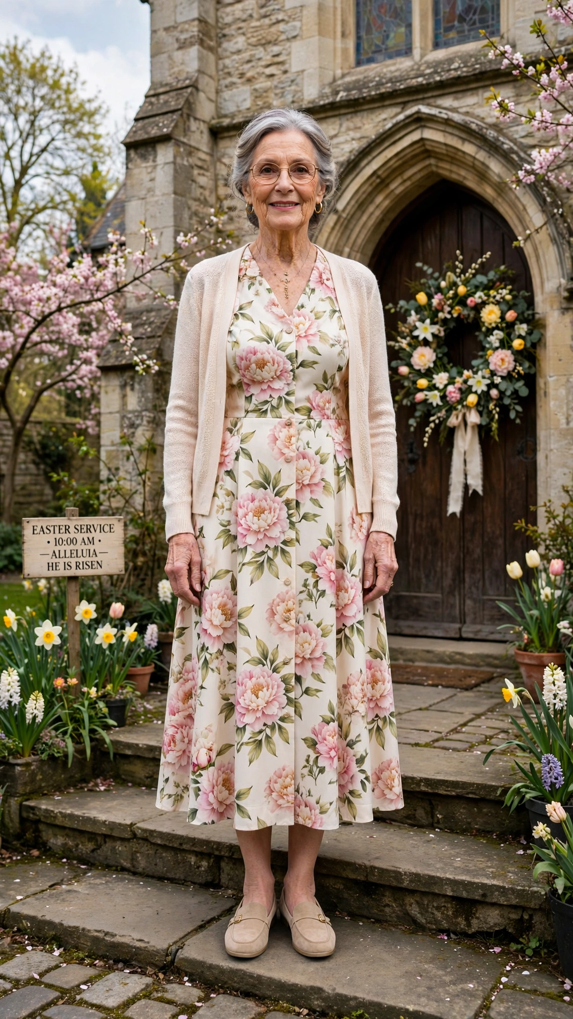 Peony midi dress with a light cardigan