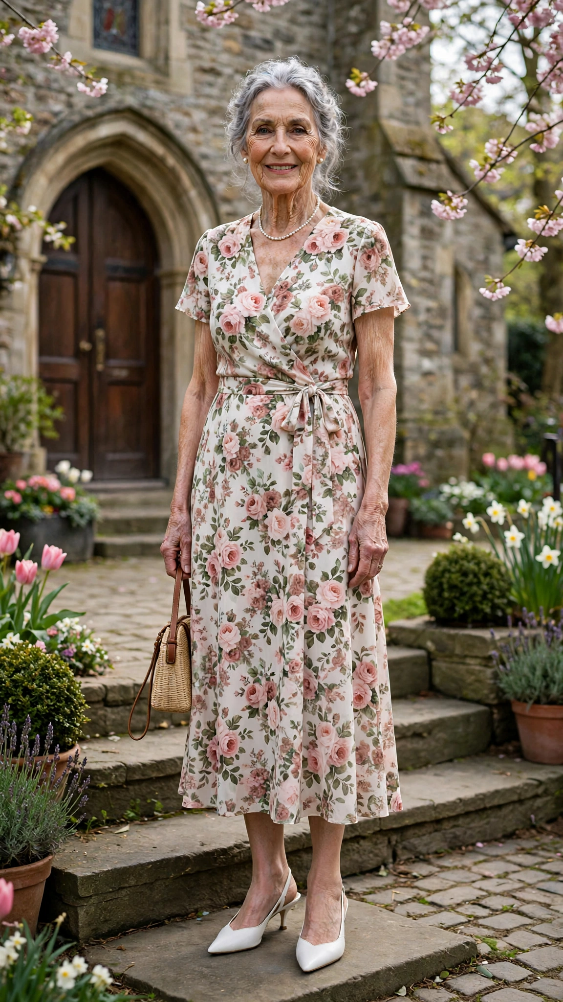 Garden rose midi dress with white slingbacks