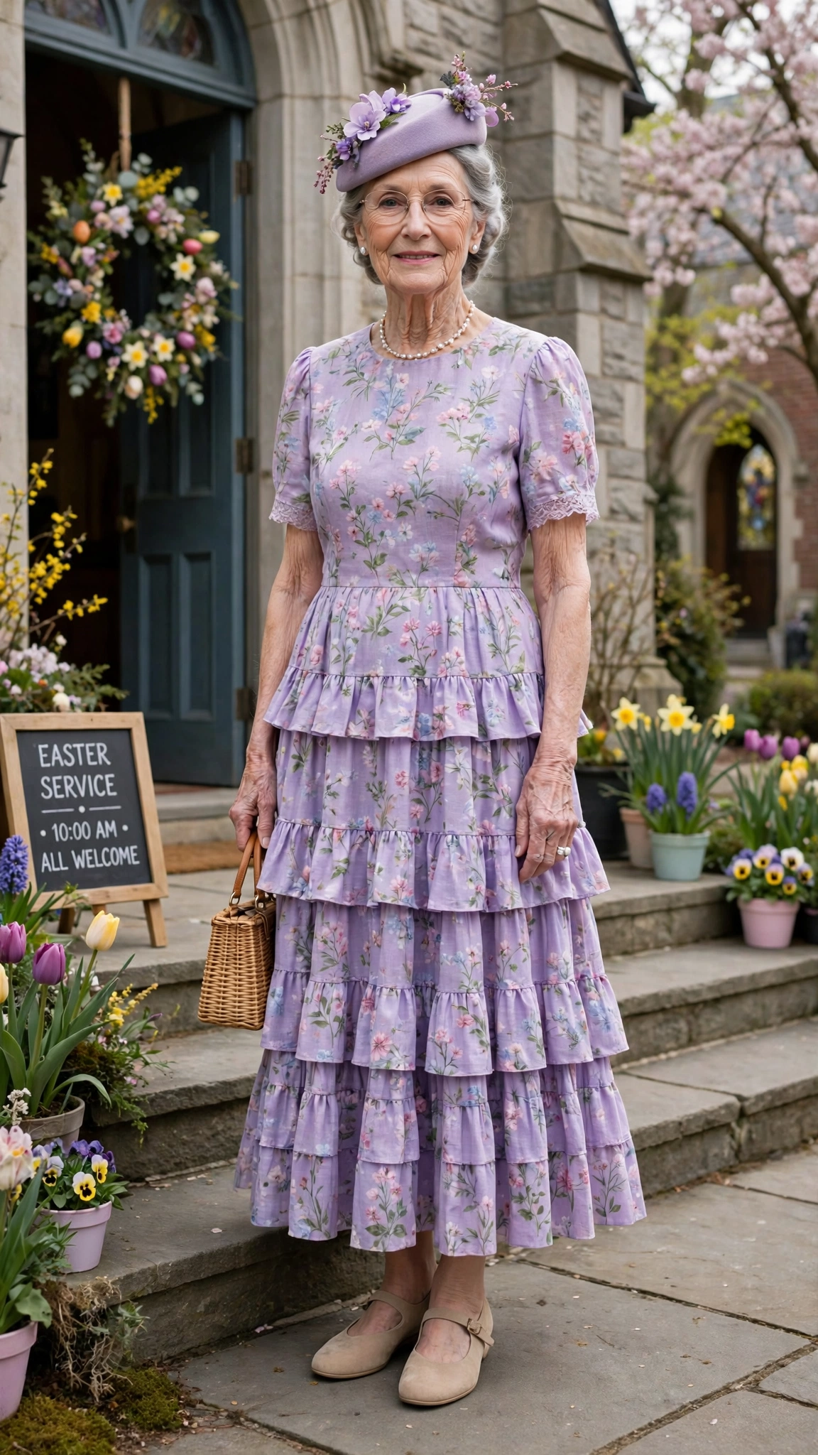 Lavender floral tiered dress with a small hat