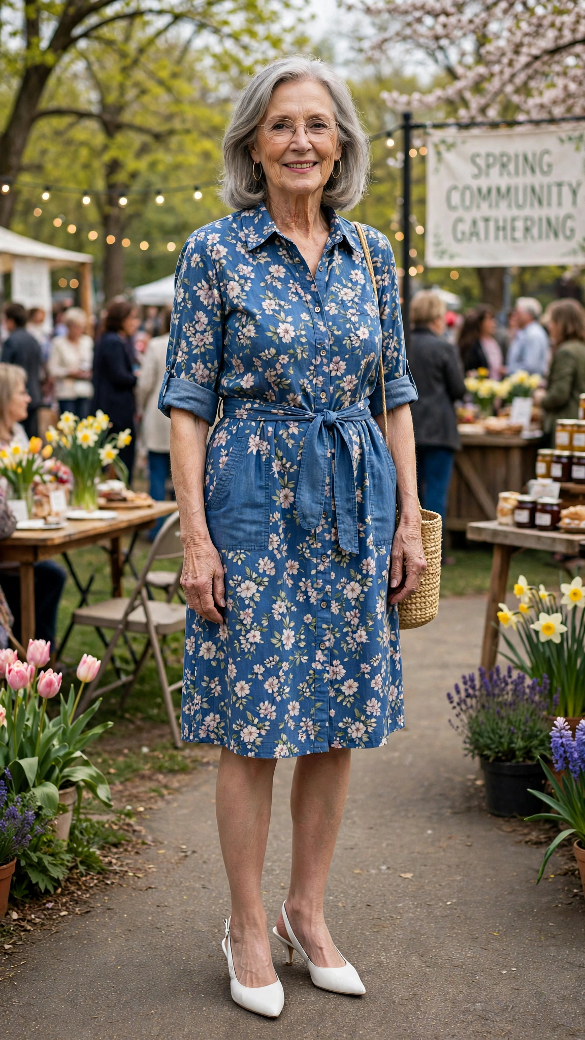 Blue floral shirt dress with white slingbacks