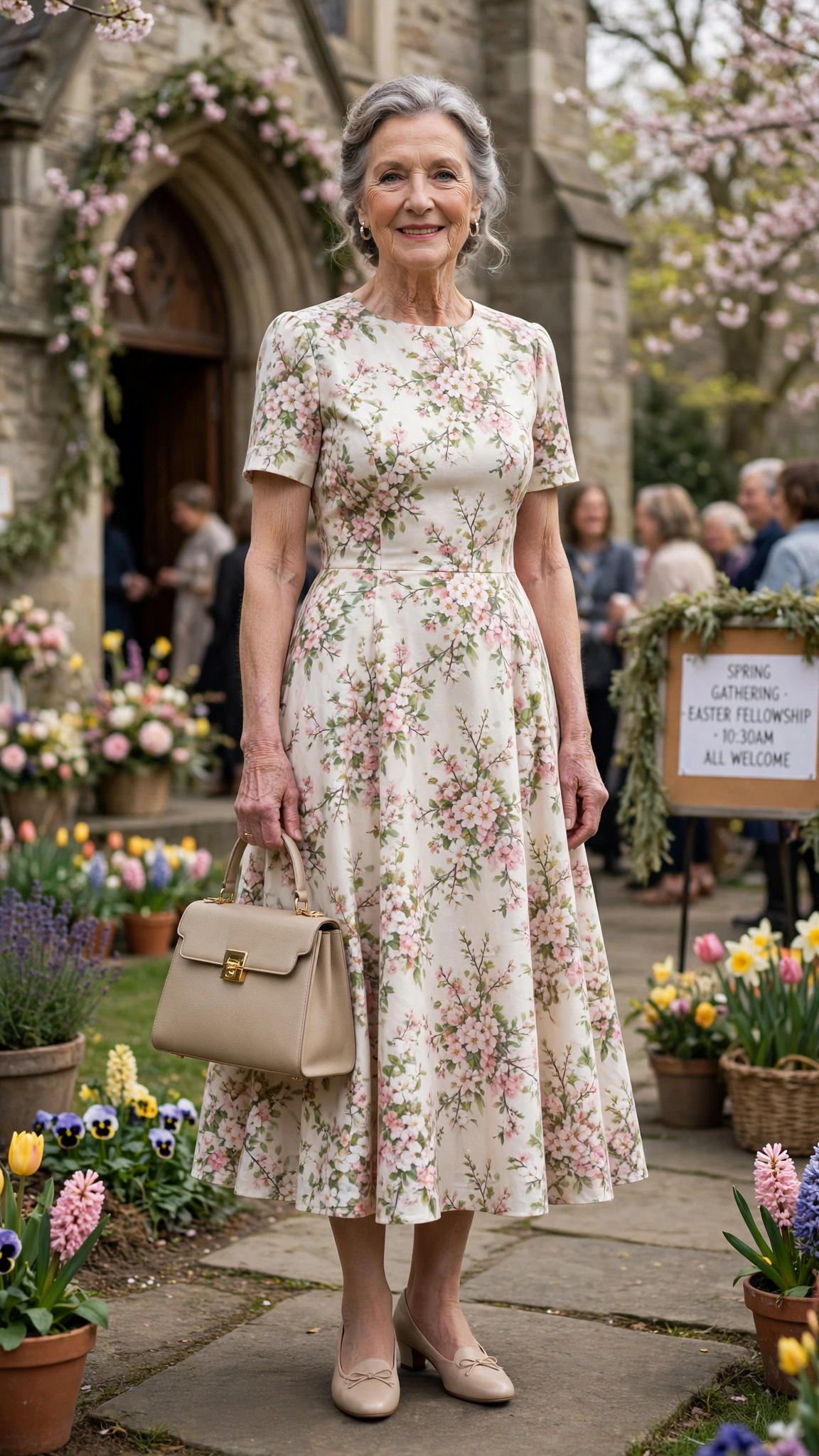 Spring blossom A-line dress with a structured handbag