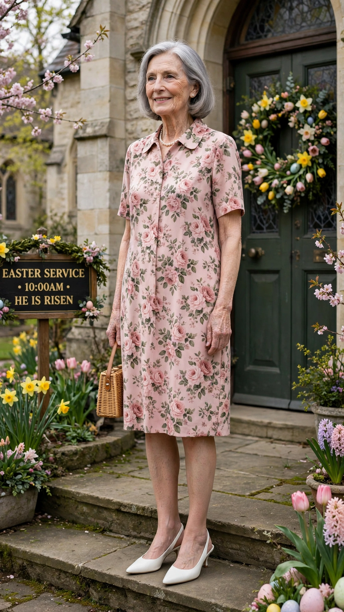 Rose floral shift dress with white slingbacks