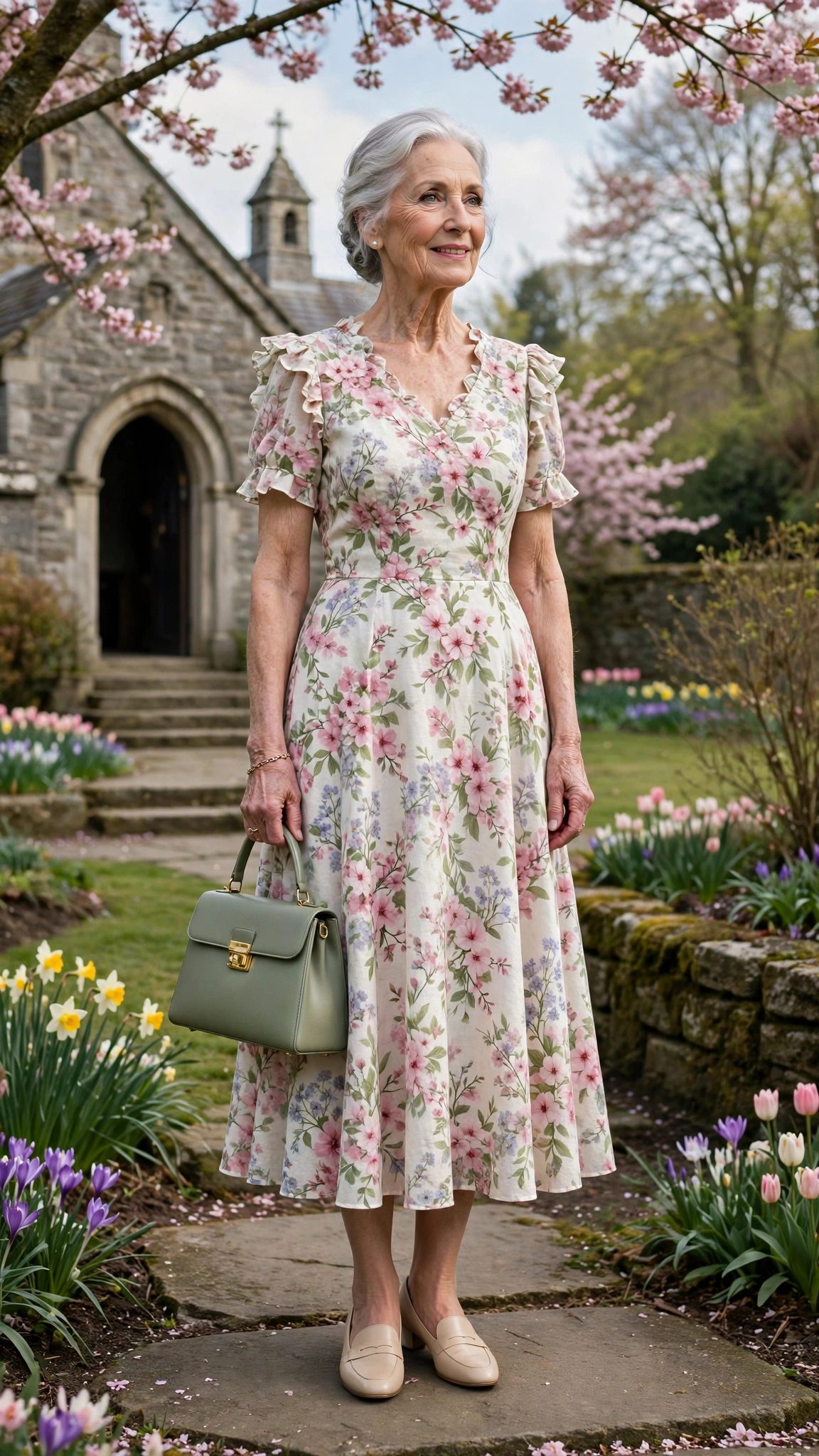 Spring blossom midi dress with a structured handbag