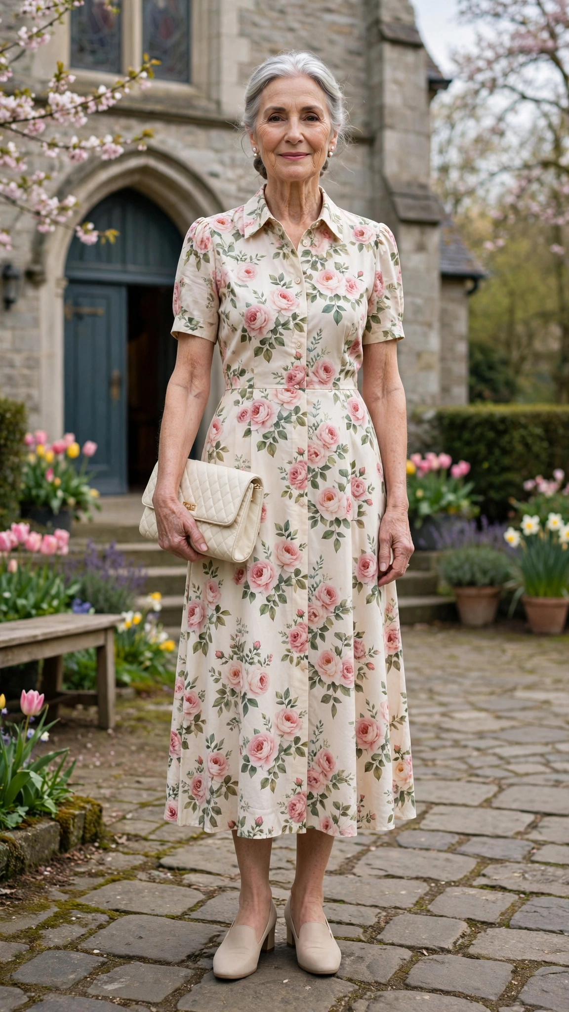 Garden rose midi dress with a cream clutch