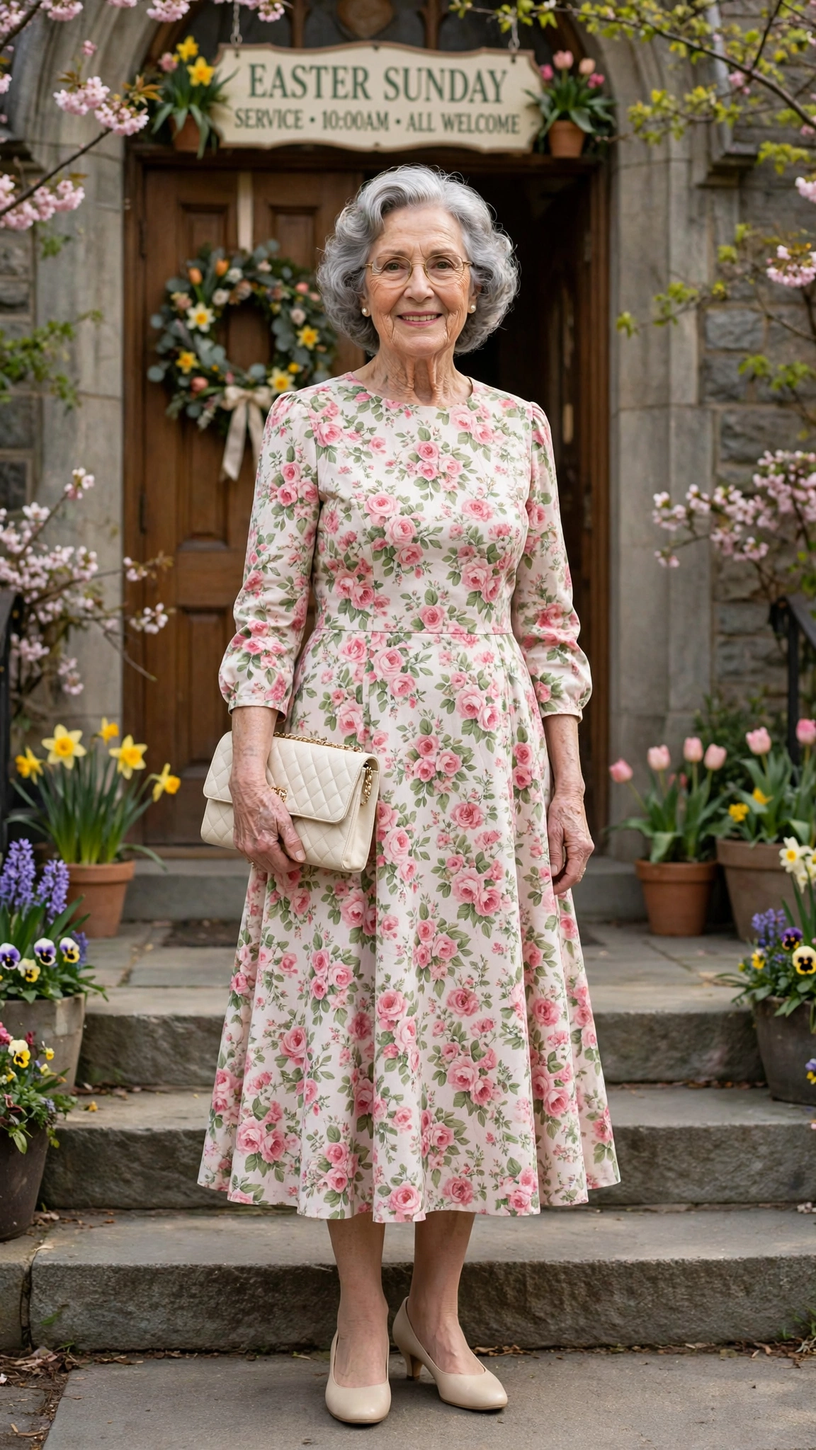 Rose floral A-line dress with a cream clutch