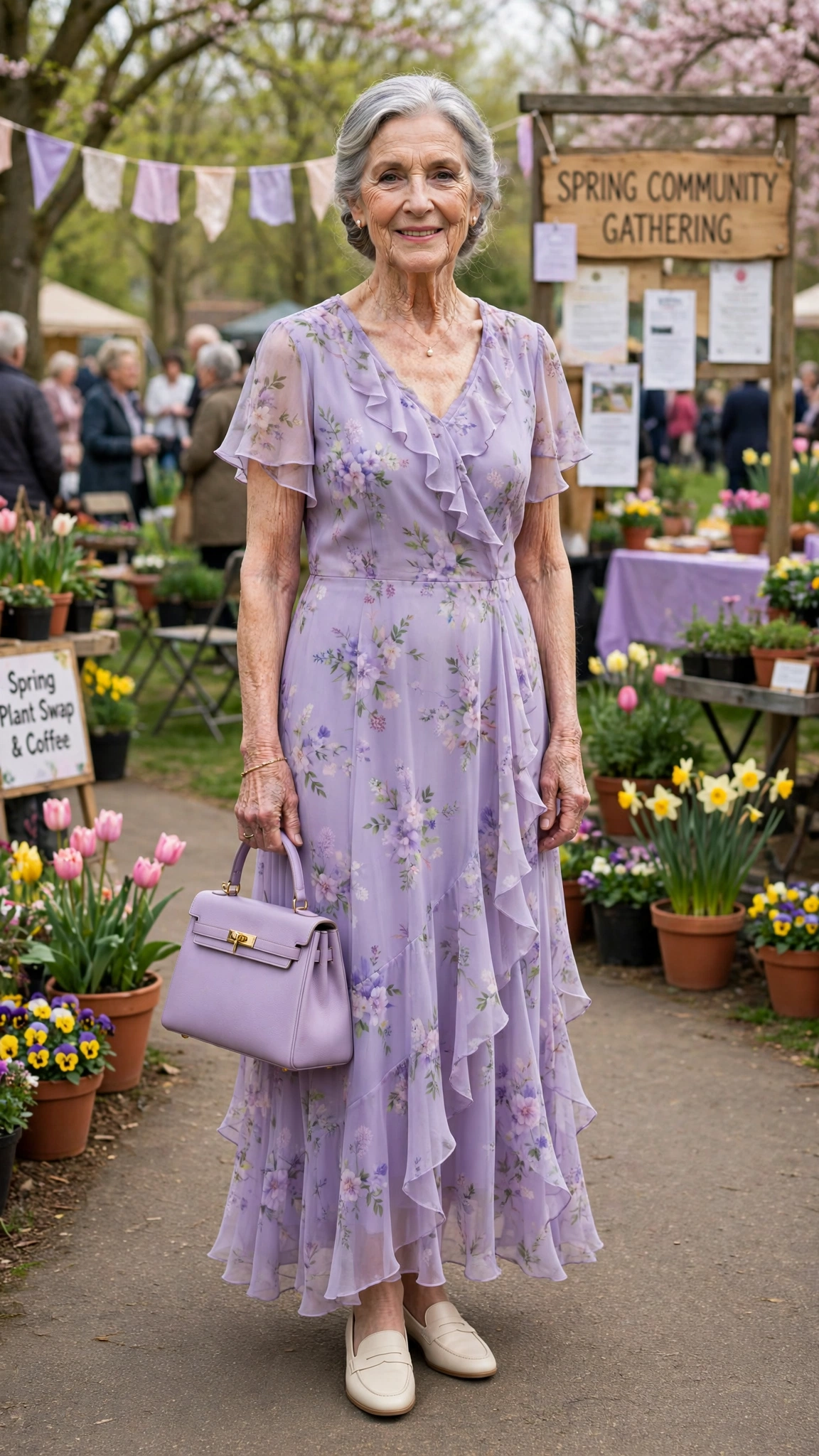 Lavender floral chiffon dress with a structured handbag