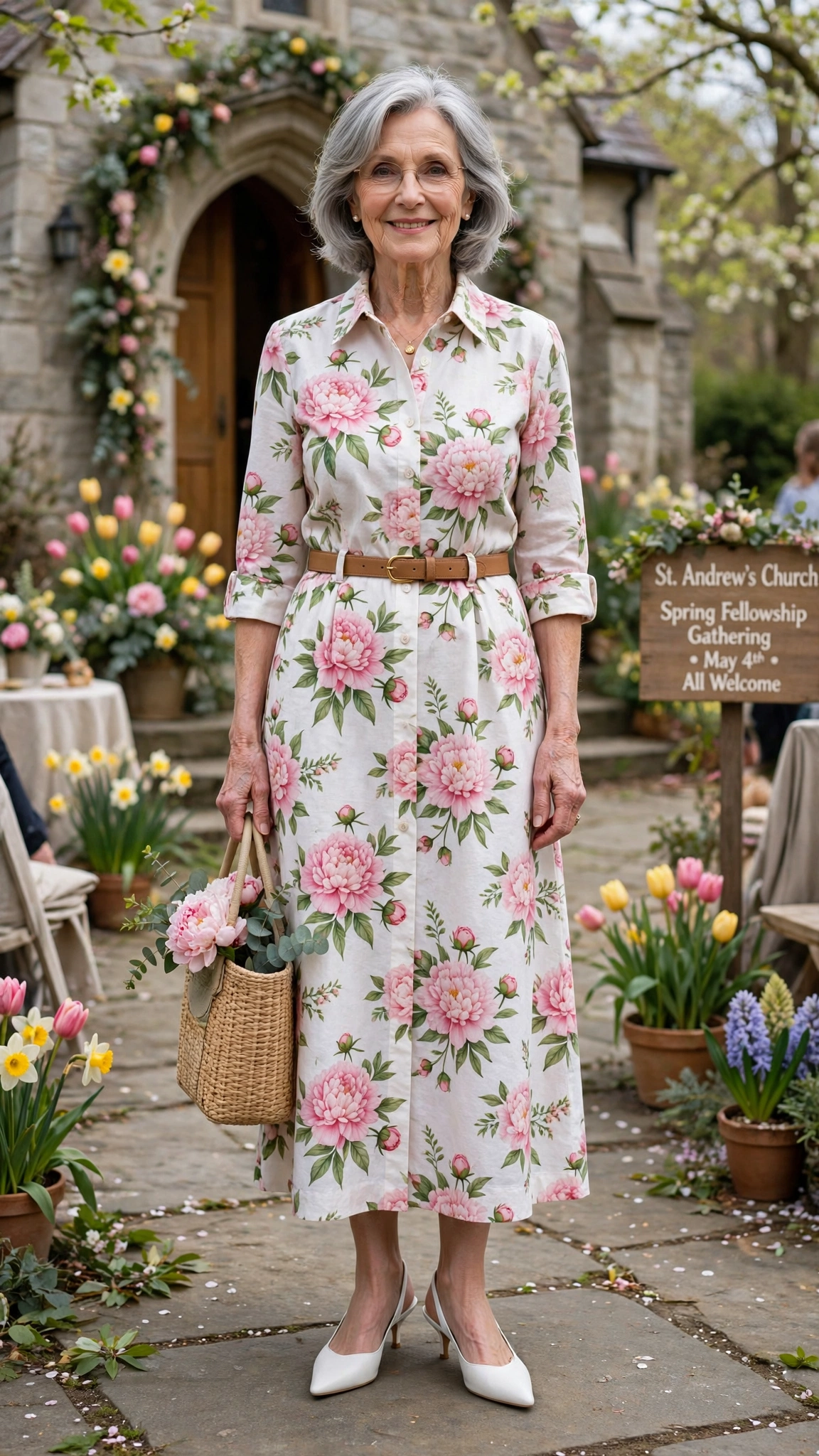 Peony shirt dress with white slingbacks